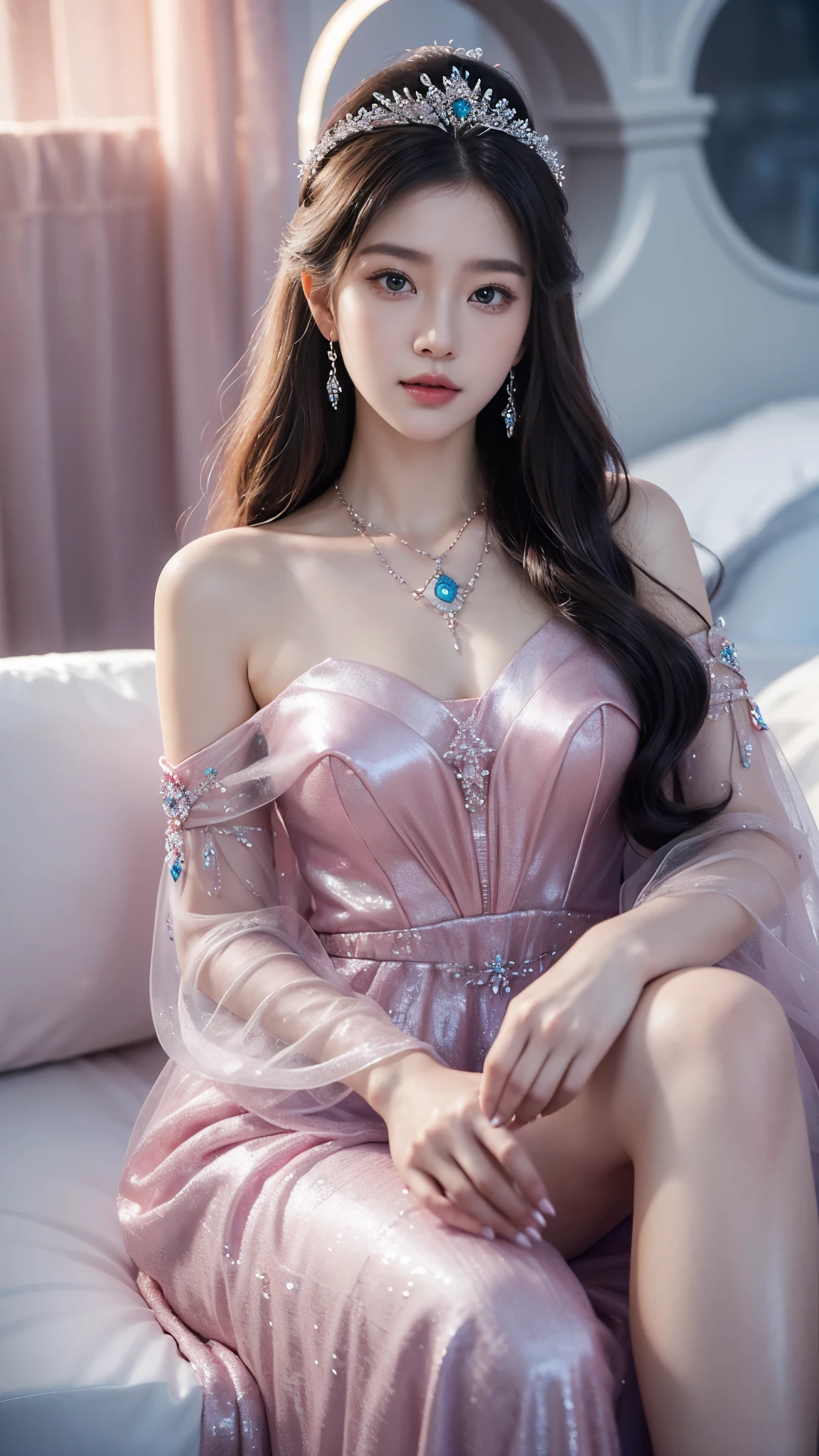 There was a woman in a pink dress,Wearing a necklace,((a beautiful fantasy empress).inspired by Sim Sa-jeong,Azure.detailed hairs,winter princess,LCE Princess,Guvez-Steville artwork,8K)),fantasy aesthetic!.Guviz,Ice Queen,8k high-quality detailed art.