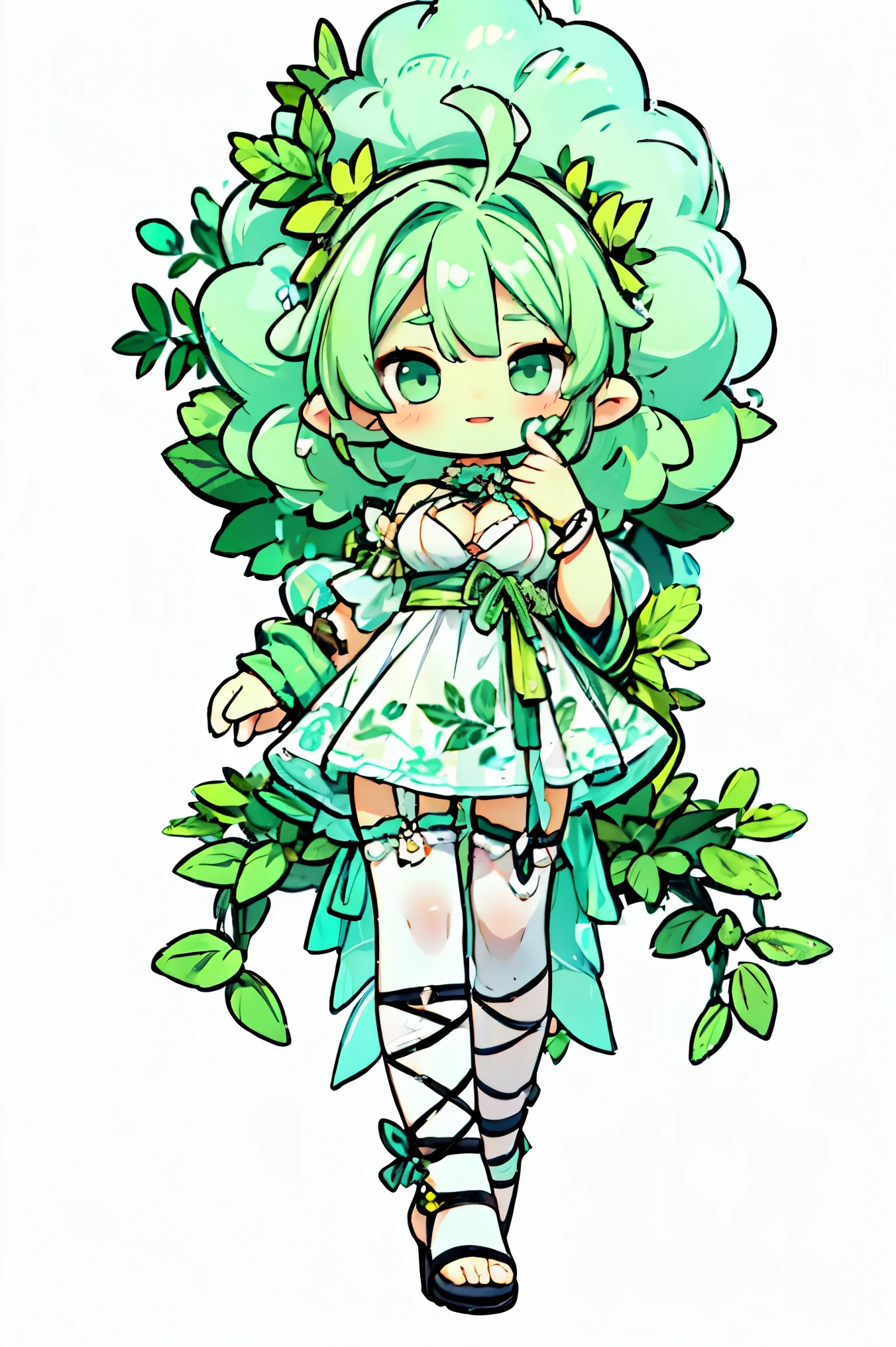 (masterpiece), best quality, expressive eyes, perfect face, Dryad, (((green hair, big-afro:1.3))), vibrant colors, (Very Huge ), small waist, (((green skin))), toothy smile, BREAK, ((((blank white scenario background)))),
BREAK,
flowy_chiffon_dress:1.4 adorned with floral embellishments, paired it with delicate leaf-patterned stockings and lace-up sandals adorned with ivy, adding floral crowns,