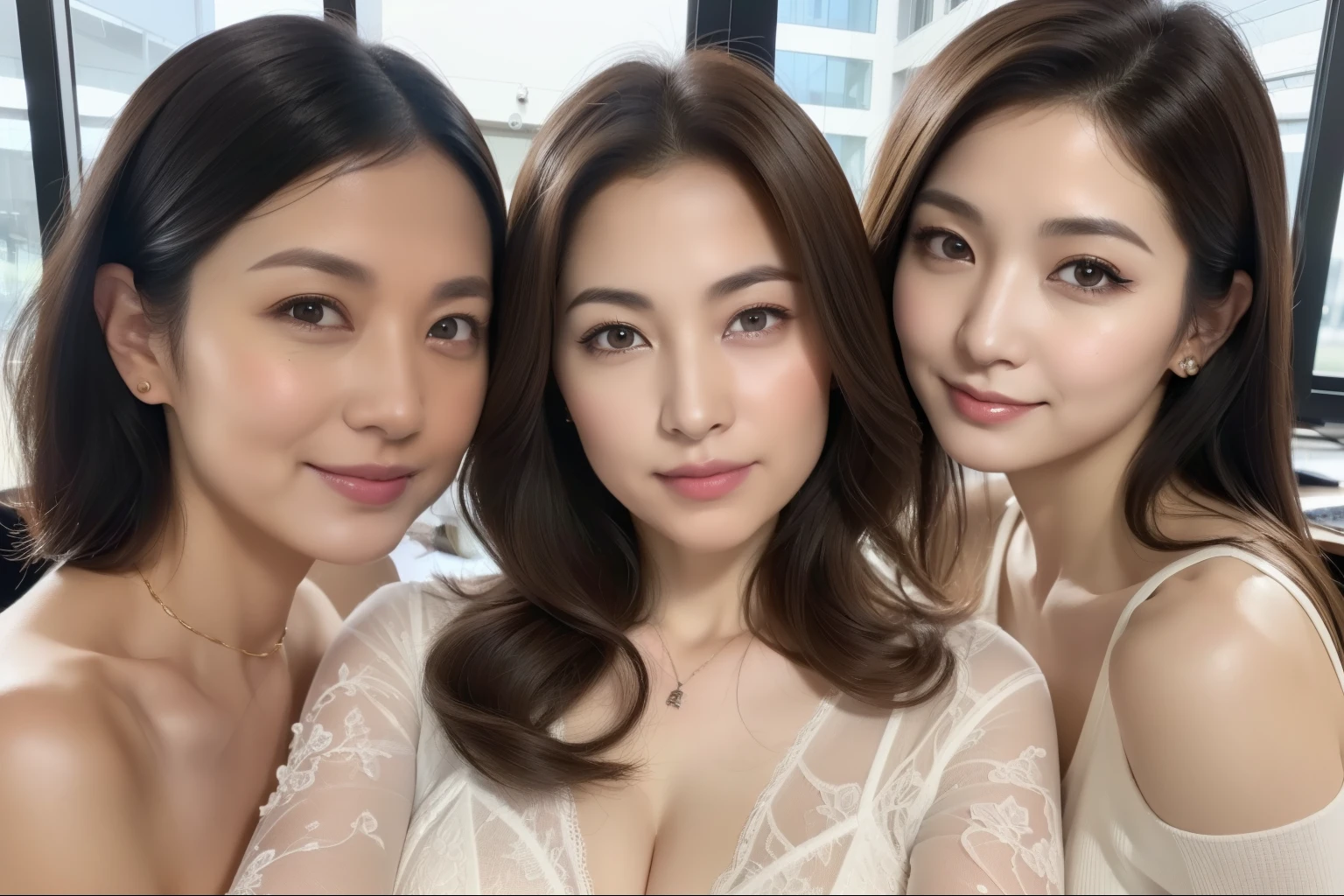 ((highest quality, 8K, Representative works in detail, ultra high resolution)), (Group photo),(looking at the viewer),see through lingerie,  (full shot:), 5 attractive business women in their 40s, 5 people, Everyone has different faces,fascinating look, (sitting at the office desk)), smile, CEO's Office,Beautiful eyes with high bilateral symmetry, (highly detailed eyes:1.4), (high resolution black eyes:1.1), intimate face, (Super detailed skin texture:1.4), white skin, white skin, perfect anatomy