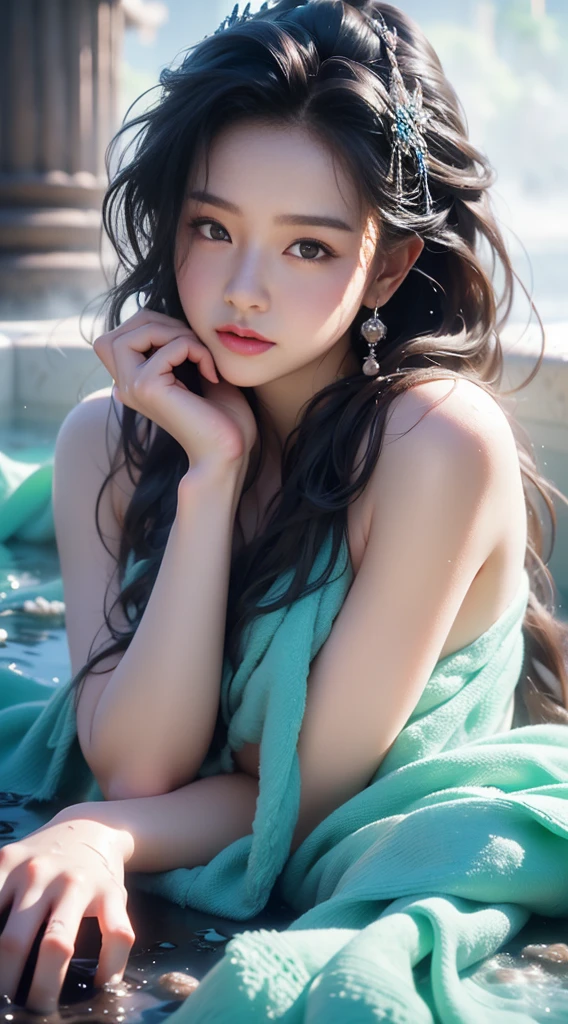 (masterpiece), (best quality:1.4), Ridiculous, [:intricate details:0.2], 1 girl, (naked towel), (fountain, hot spring:1.2), hydrated skin, (FOG:1.2), mist, skin shiny, Glowing skin, (partially submerged in the hot spring:1.2), (wet hair:1.2), mist, wet, moisture,full-body shot