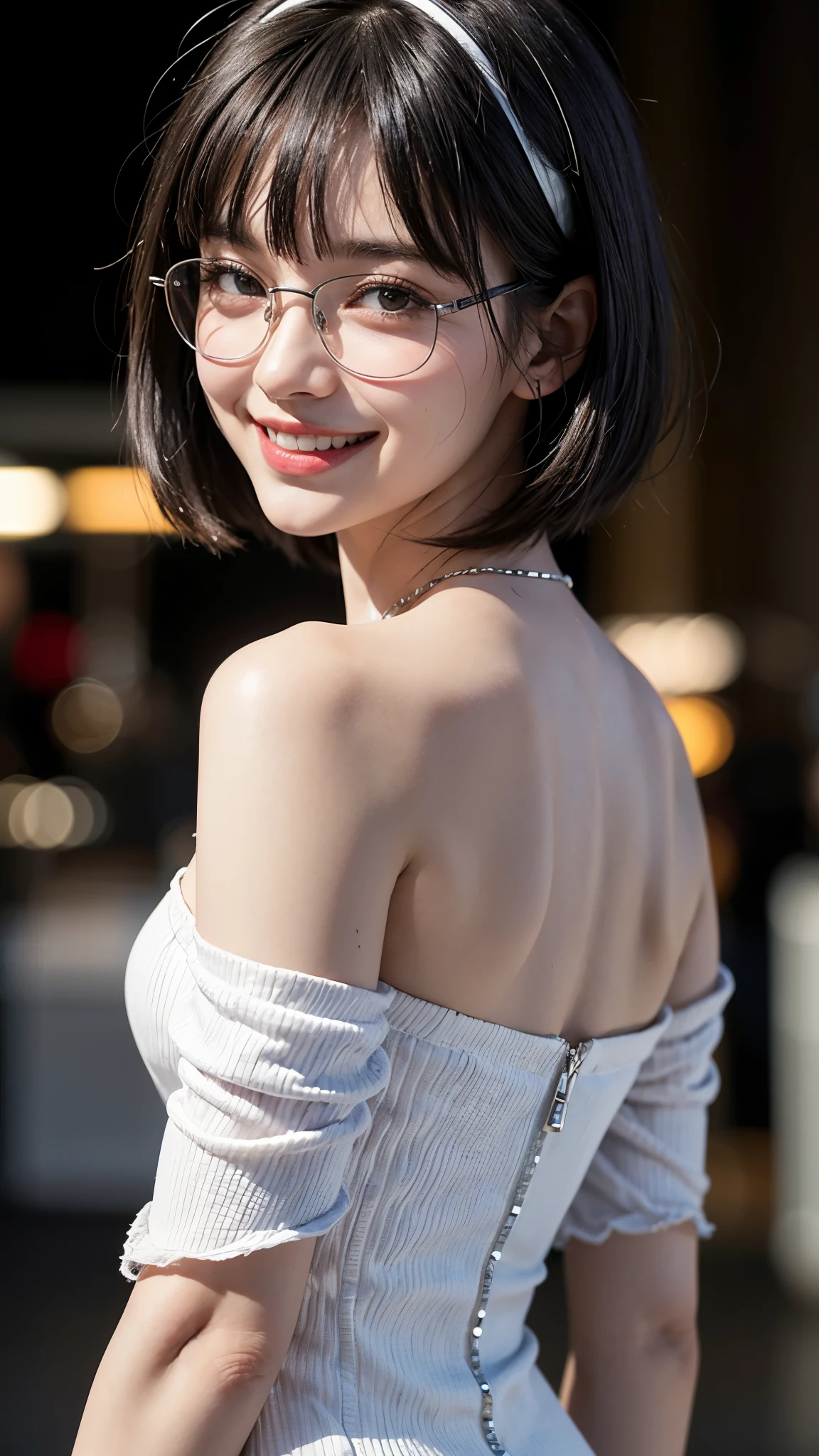 masterpiece、top-quality、超A high resolution、(photographrealistic:1.4)、((1girl in、White fair skin:1.4、age19、spotless、cute little、A dark-haired、bobhair_cut、shorth hair、Normal breasts:1.6))((Casual wear))、(portrait of japanese famous actress)、(A smile、Happiness、Joy、jolly、closes mouth)、、High detailed eyes、long neck、bangss、Lashes、Big eyes、In the street、Glasses