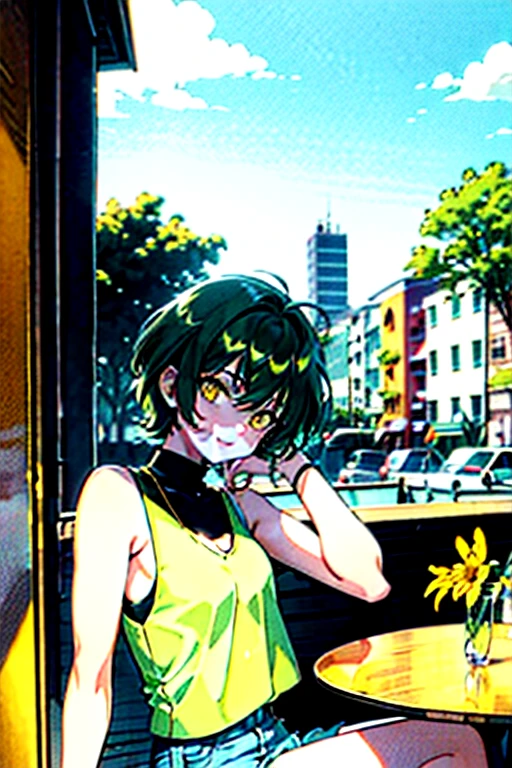 short hair, green hair, yellow eyes, sleeveless shirt, sitting, High Spirits/Motivated, Fair skin, outdoors, cafe, looking at viewer, 1990s (style), --niji 5  --ar 2:3
