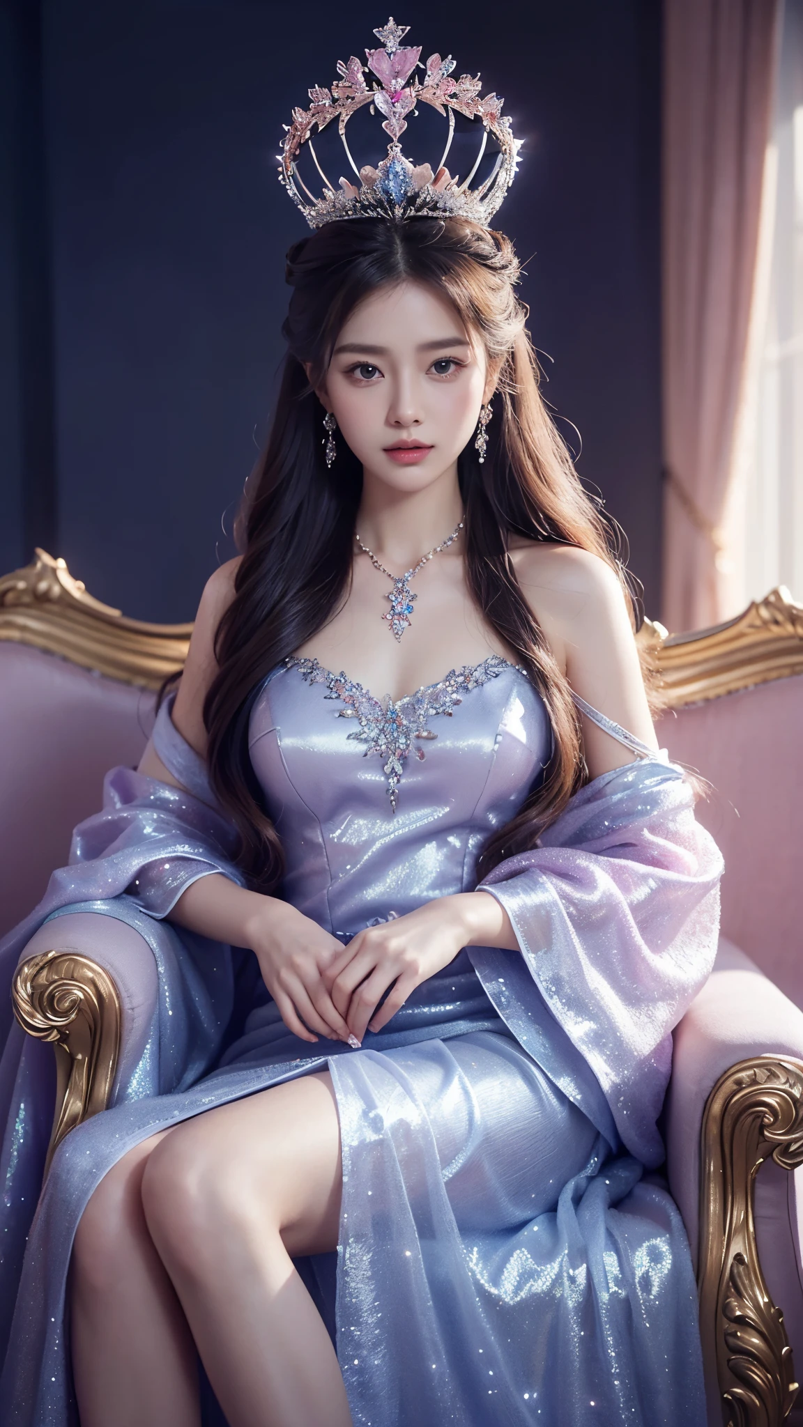 There was a woman in a pink dress,Wearing a necklace,((a beautiful fantasy empress).inspired by Sim Sa-jeong,Azure.detailed hairs,winter princess,LCE Princess,Guvez-Steville artwork,8K)),fantasy aesthetic!.Guviz,Ice Queen,8k high-quality detailed art, Throne, princess crown