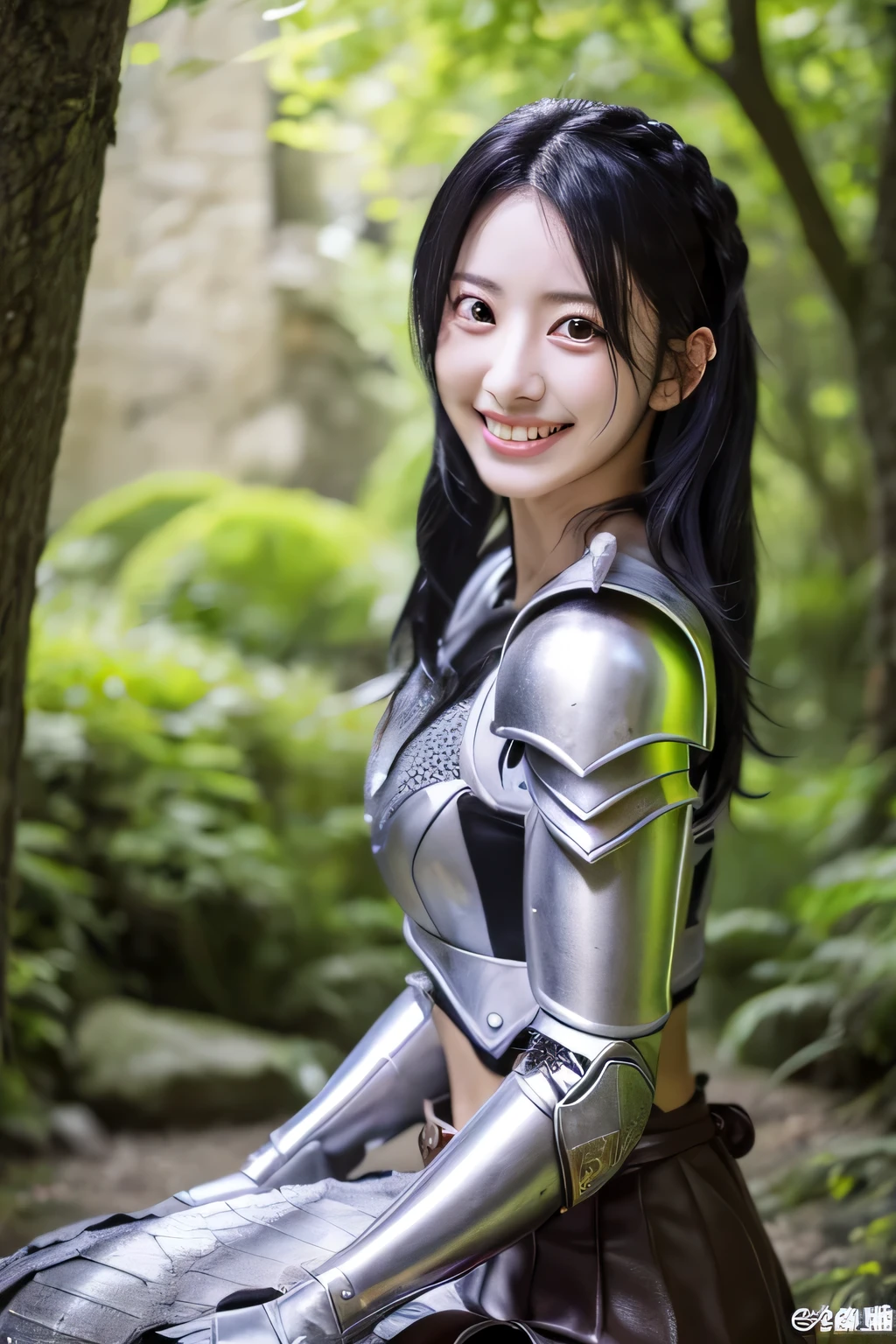 highest resolution, 4k, masterpiece: 1.3), japanese mature, women pictures, sexy, fine eyes, slender body shape, realistic teeth, double eyelid, full body, highest quality, get used to it, equipped with armor, in a fantasy world, The background is a castle、black hair、smile、beautiful teeth、full body photo、hairstyle shortcut、jumper、Luxurious Silver Armor、