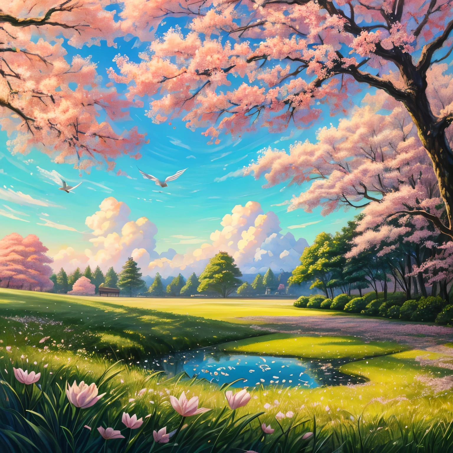 a painting of Spring morning scene with soft sunlight filtering through the trees, illuminating the clear spring sky filled with fluffy clouds. Morning dew glistens on the grass, leaves, and petals, creating a mesmerizing reflection. In the distance, birds chirp melodically, adding a serene ambiance to the peaceful atmosphere, detailed painting,