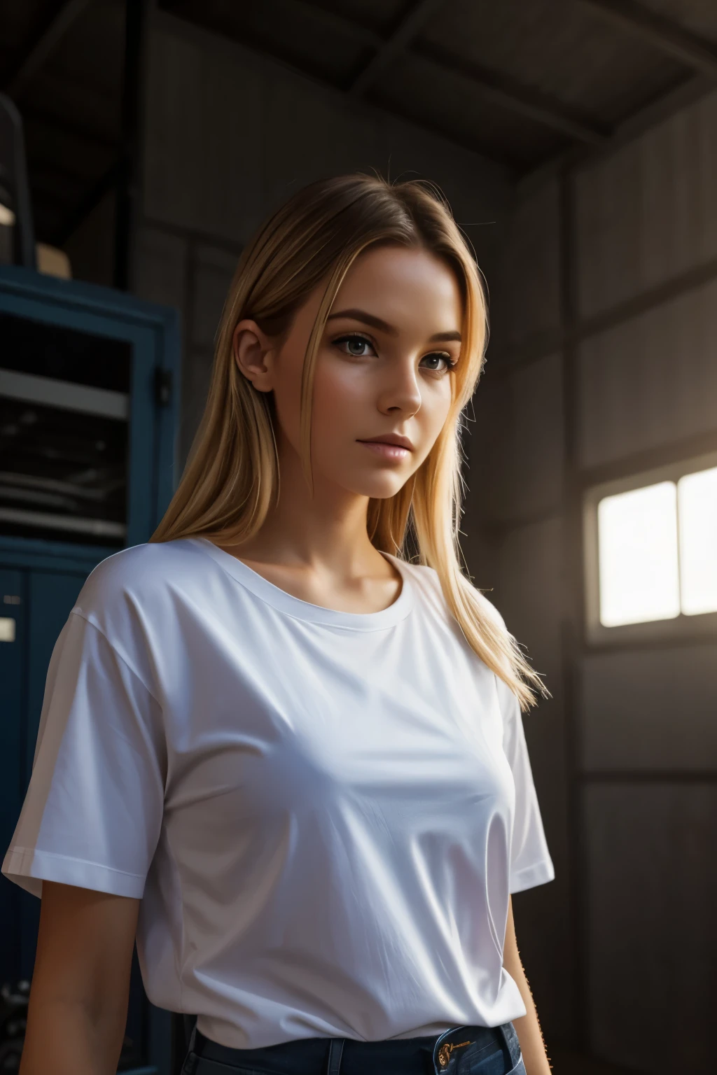 realistic, foto, junge Frau, Modell, Girl, enges T-Shirt, schwarzes T-Shirt without motive, unicolor shirt, verspotten, posiert in einem Hangar, Dark atmosphere, gedimmtes Licht, blonde
