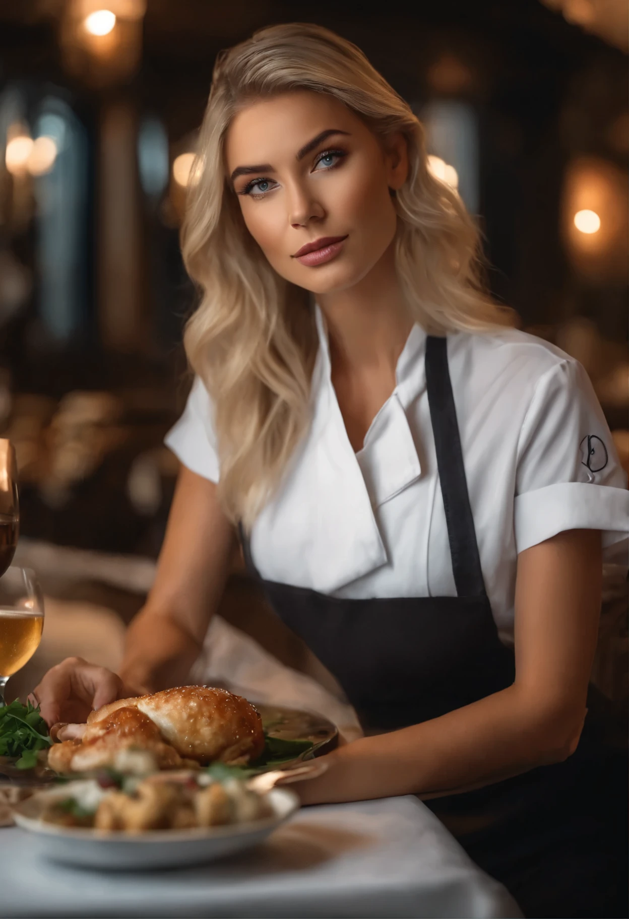 realistic white female tiktok influencer, (chef-d'artwork:1.2), blond, 1 fille, yeux bleus, dans une robe noire courte et moulante, (moyen seins gaies:1.5),au restaurant, enlightened