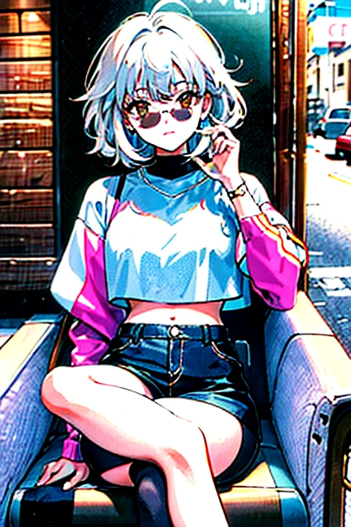 medium hair, white hair, brown eyes, crop top, crossed legs, High Spirits/Motivated, Fair skin, outdoors, cafe, looking at viewer, 1990s (style), --niji 5 --ar 2:3