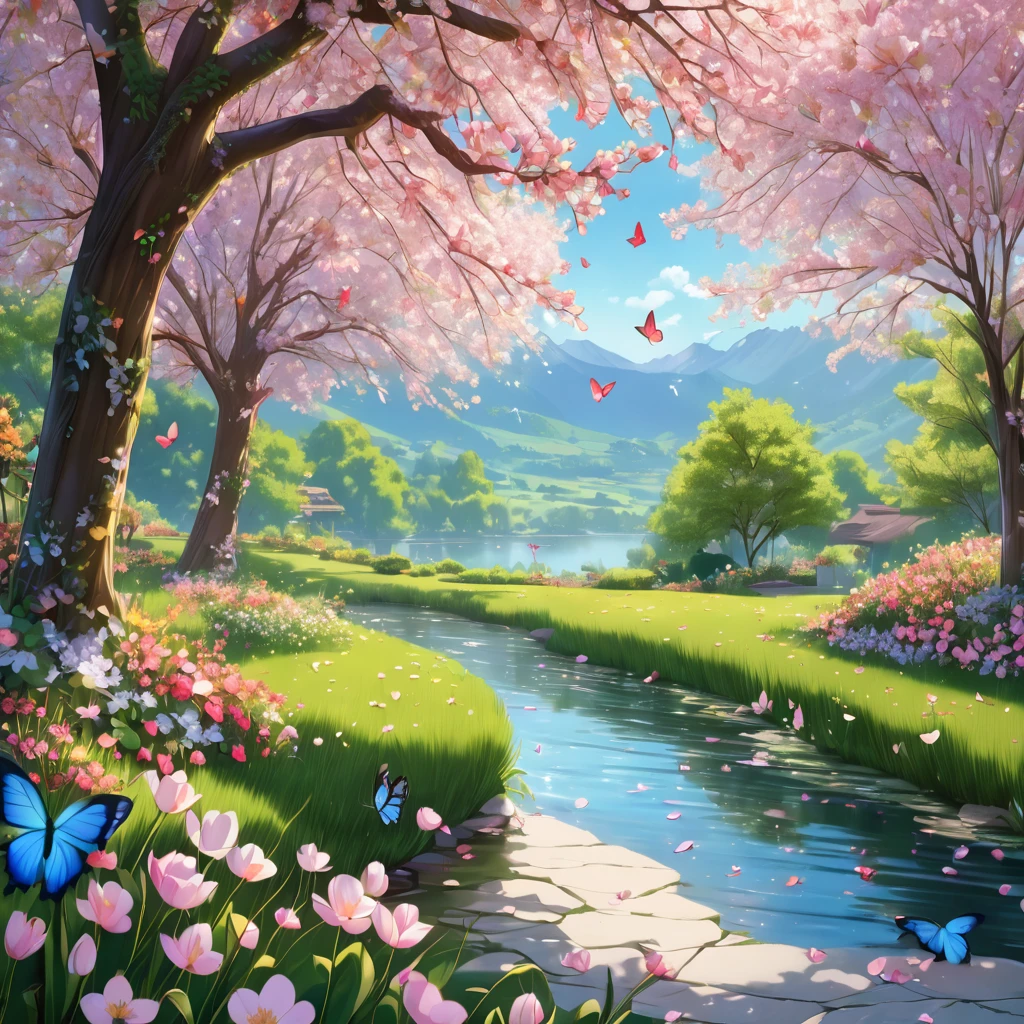 Spring Morning, aesthetic, (best quality,4k,8k,highres,masterpiece:1.2),ultra-detailed,(realistic,photorealistic,photo-realistic:1.37),blooming flowers,blossoming cherry trees,sunlight streaming through the branches,morning dew on the grass,pink and white petals dancing in the air,soft breeze rustling the leaves,newly sprouted green leaves,golden rays of sunshine,lively birds chirping and flying,glistening water droplets on delicate petals,serene atmosphere,fresh and vibrant colors,peaceful and calm setting,tranquil garden,clear blue sky,subtle shadows and reflections,nature awakening with life,tender Spring beauty,whispering whispers of nature,serene and serene scene,sunlit garden filled with delicate fragrance,colorful butterflies flitting about,elegant and dainty butterflies gracefully dancing,delights of Spring,refreshing and joyful ambiance,vivid blooms in every corner,iridescent hummingbirds swiftly hovering,playful bumblebees buzzing amongst the flowers,soft and gentle morning light caressing the garden's beauty,morning mist gradually dissipating,enticing scents of blooming flowers filling the air,bright and cheerful mood,ever-changing Spring colors painting the world,delicate flower petals swaying,creating an enchanting dance,overwhelming sense of rejuvenation and new beginnings.