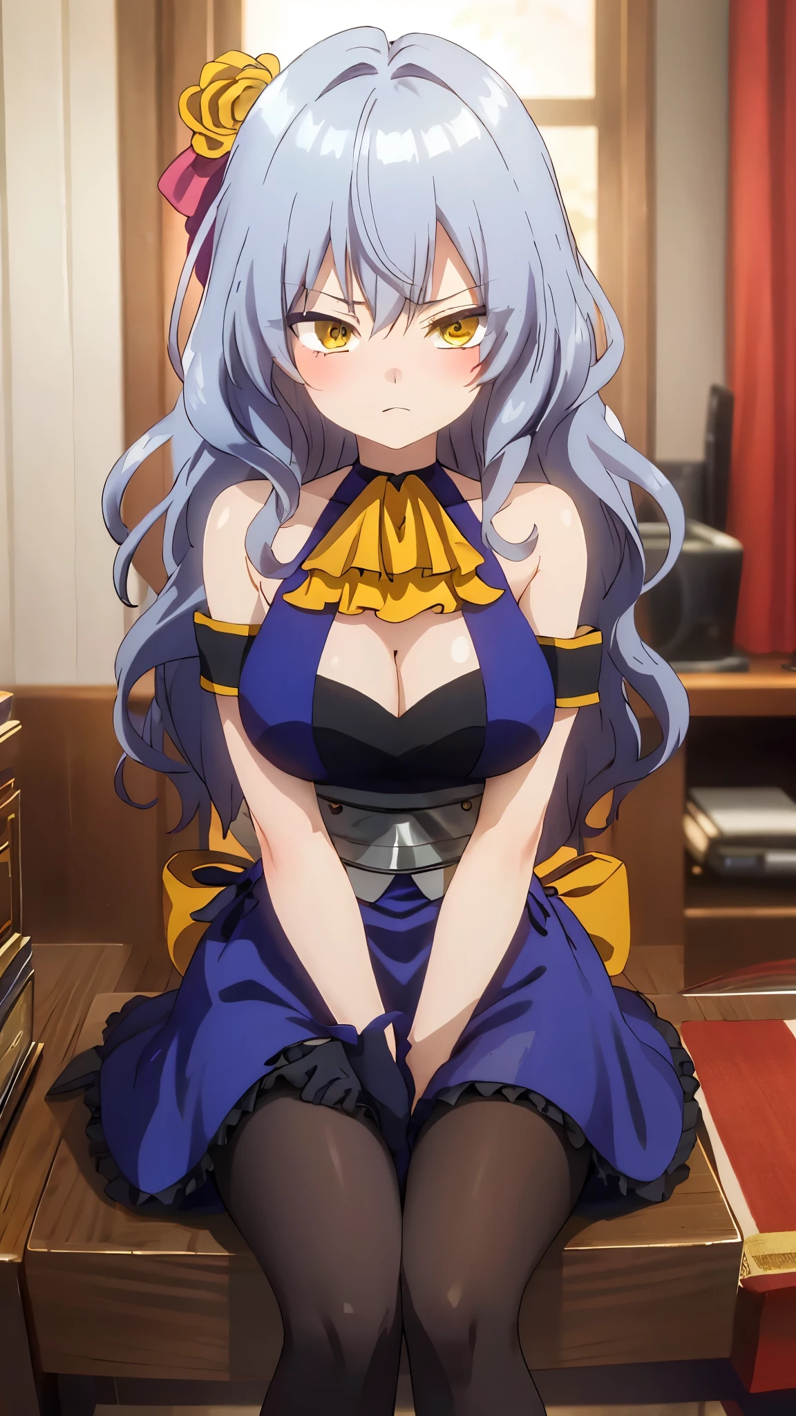 One girl with wavy hair, bangs, yellow eyes, looking at viewer, blushing, embarrassed, serious expression, indoor, living room, dress, dress, long hair, ascot, large breasts, cleavage, sleeveless dress, bare hands, thigh, sitting, crossed legs, bare legs, crossed arms, mid-chest, day atmosphere, hair ornament, medium breasts,  focus, blurry background, mature female, pantyhose