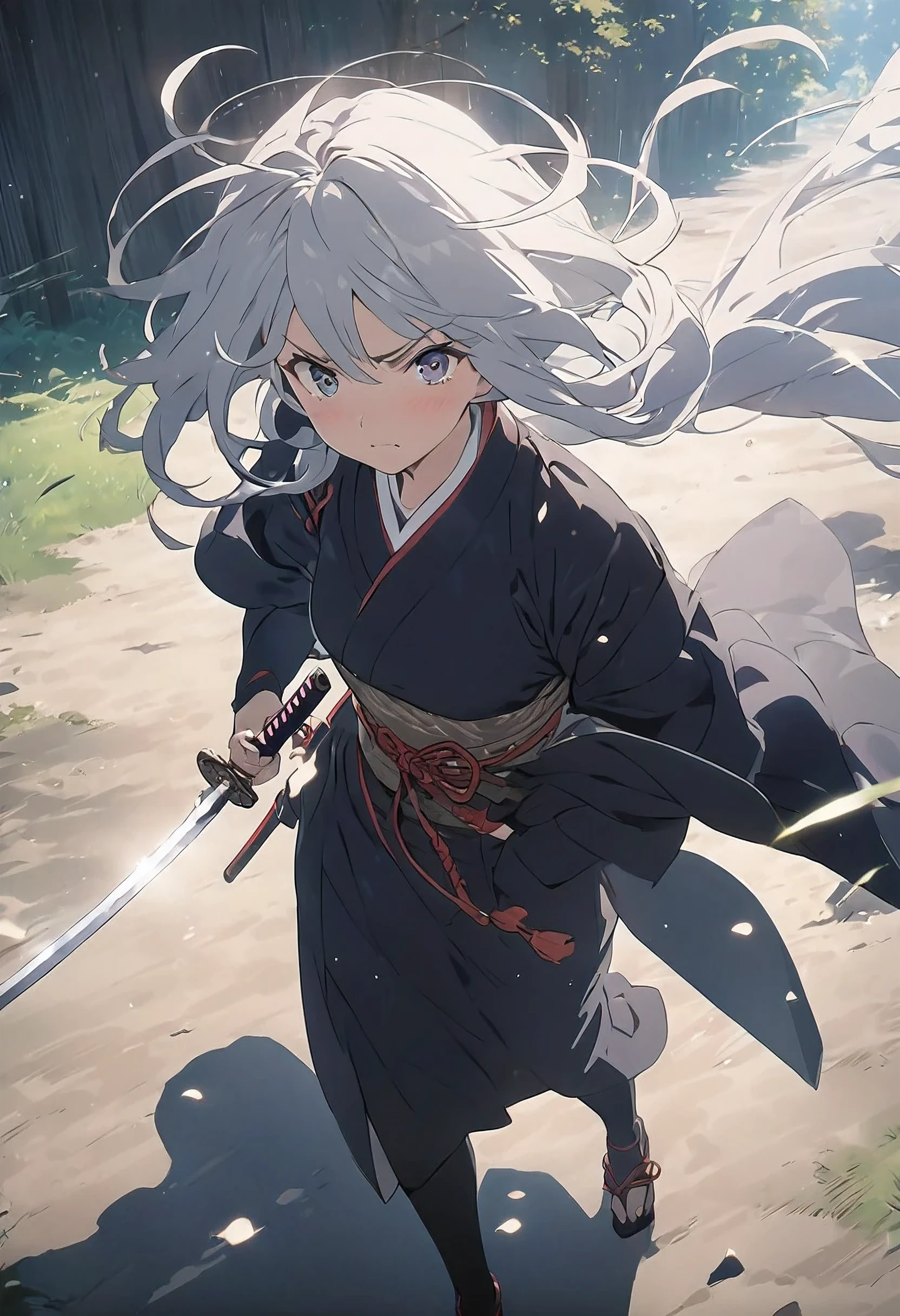 (best quality, masterpiece), 1 japanese girl, samurai, full body, furrowed brow, anime screencap, looking at viewer, anime, 2d, outline, motion lines, outdoors, wind, standing, floating hair, dappled sunlight, holding sword, sheath,