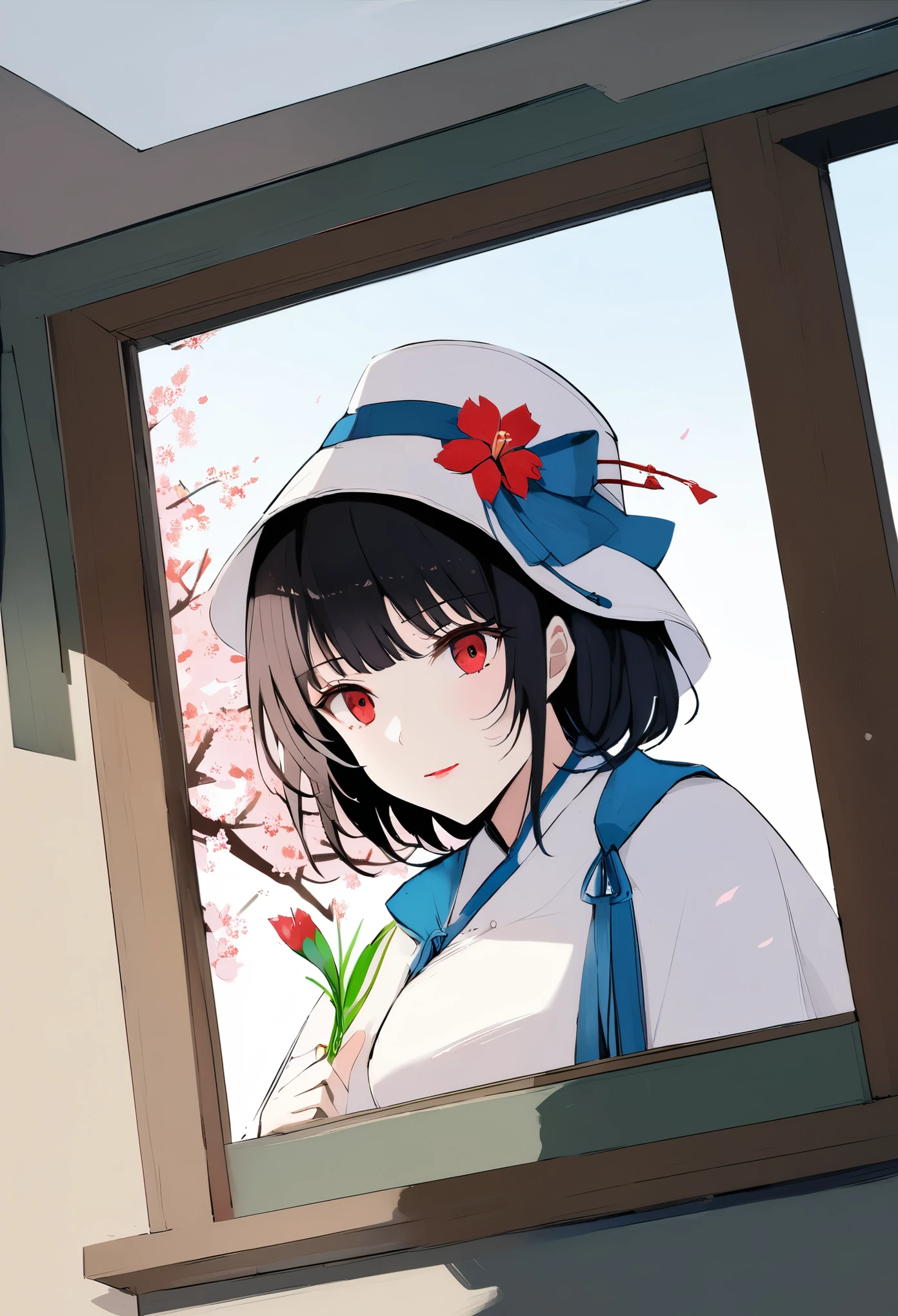 spring, chun ri nuan yang,Natural portrait,a woman with a red lipstick is squatting down, chun nuan hua kai,Japanese style portrait,a woman in a hat and dress holding a flower, chun ri lang man,Stereoscopic portraits,a woman sitting on a window sill in a white dress,