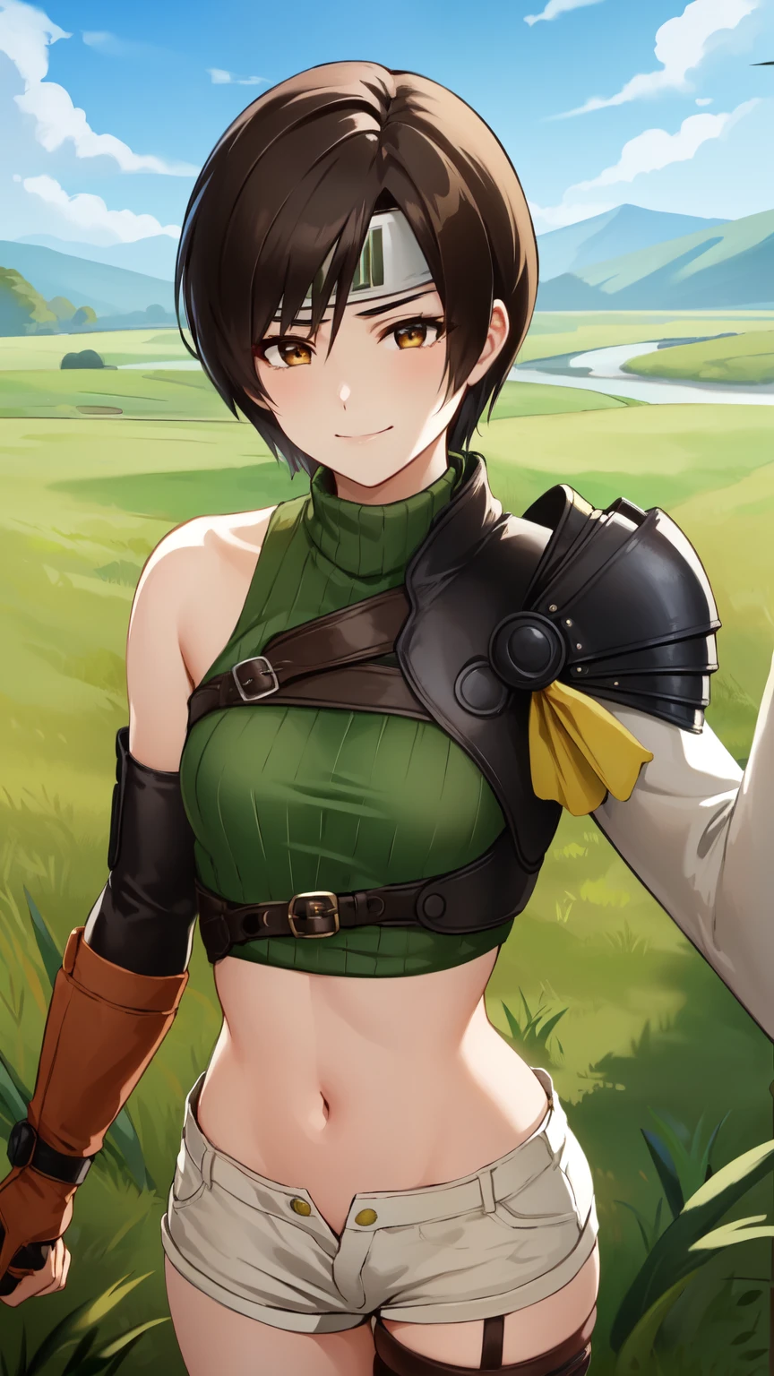 masterpiece, best quality, yuffie kisaragi, headband, green crop top, shoulder armor, armguard, fingerless gloves, tan shorts, single thighhigh, fishnets, upper body, looking at viewer, furrowed brow, smug smile, closed mouth, grass, bamboo, sky, 