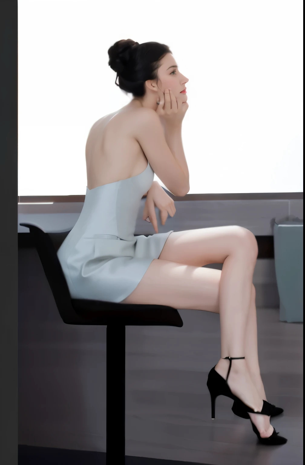 There was a woman sitting in a chair with her hands covering her face., Digital art of elegance, cute dignified posture, elegant seductive posture, Inspired by Patrick Nagel, dignified posture, Comfortable pose, Inspired by Ramon Casas and Carbó., Inspired by Carlo Mense, Formal poses, Glamorous gestures, sitting on the table, Side pose
