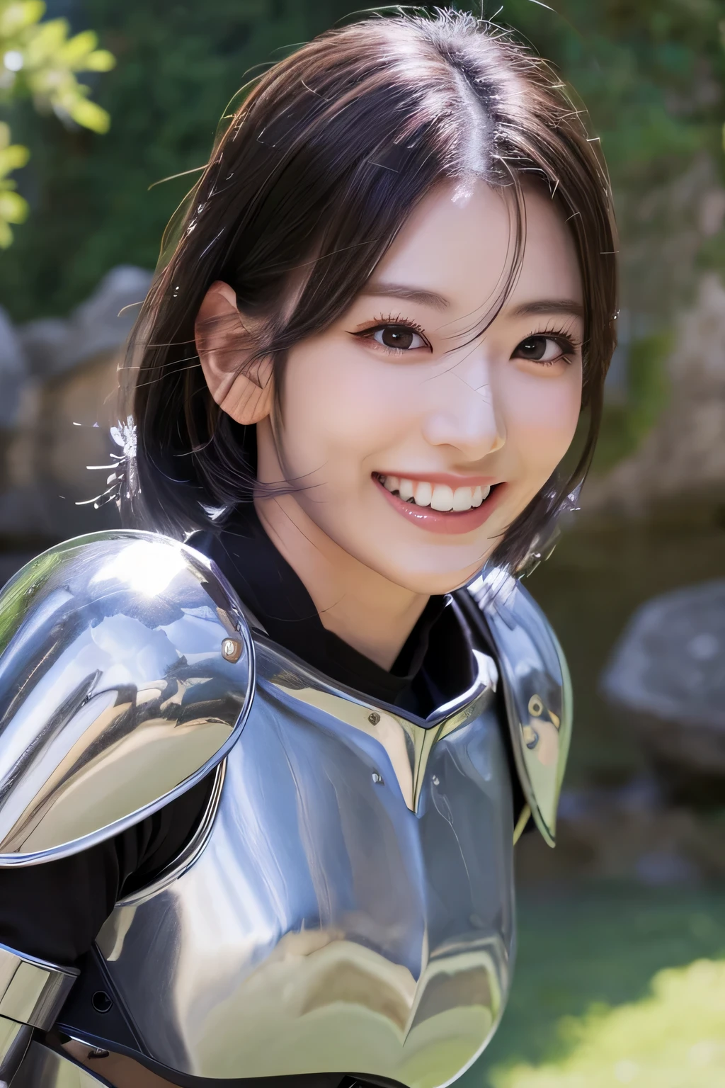 highest resolution, 4k, masterpiece: 1.3), japanese mature, women pictures, sexy, fine eyes, slender body shape, realistic teeth, double eyelid, full body, highest quality, get used to it, equipped with armor, in a fantasy world, The background is a castle、black hair、smile、beautiful teeth、full body photo、hairstyle shortcut、heavy equipment、Luxurious Silver Armor、