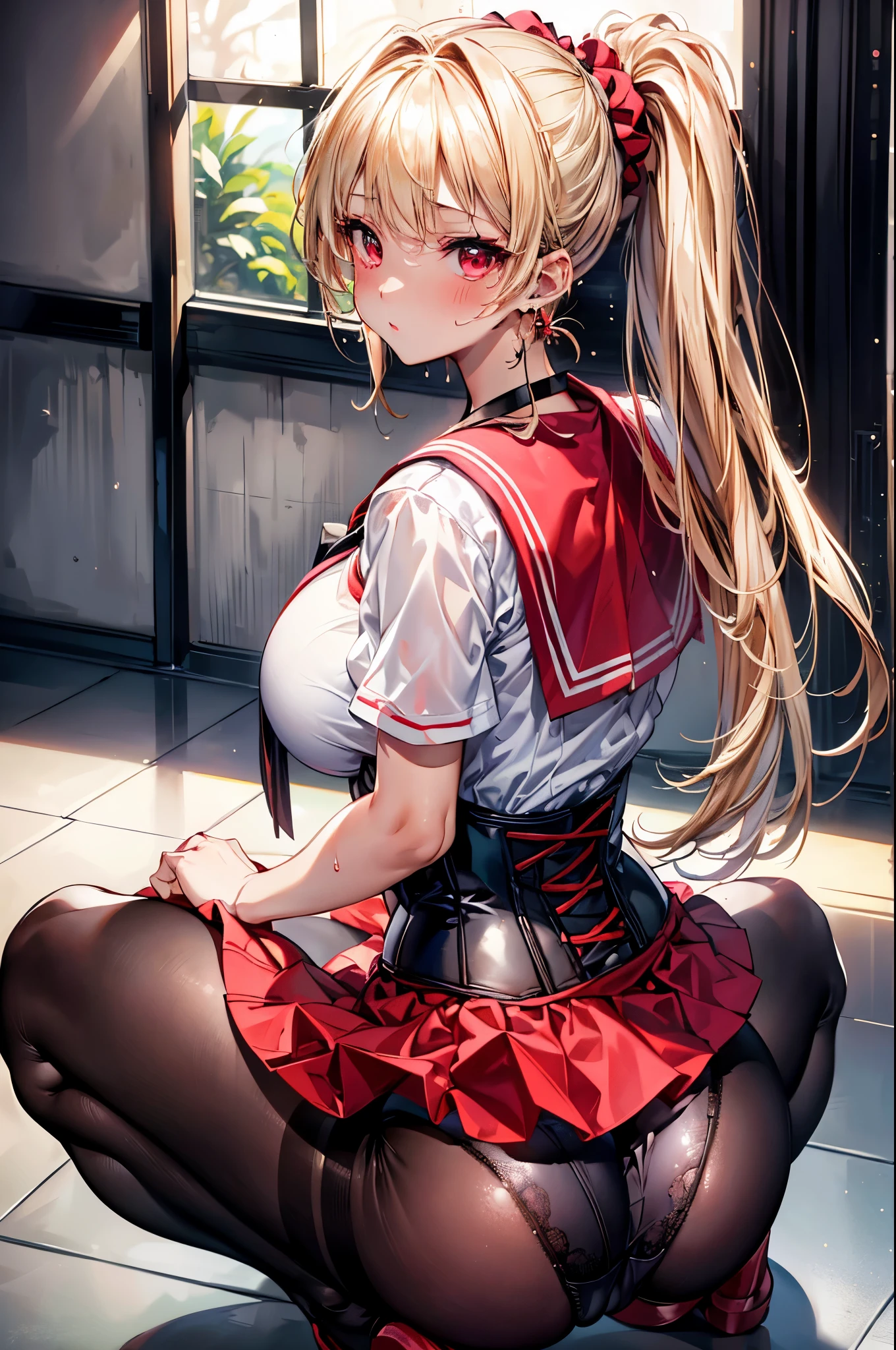 (masterpiece:1.2、highest quality、T Masterpiece)、1 female、alone、classroom、Day、squat with legs spread、blonde、ponytail、red eyes、(sailor suit:1.25)、(black skin:1.25)、big breasts、pantyhose、corset、earrings、lipstick、very sweaty、Scrunchie、choker、blush、(posture of looking back:1.3)