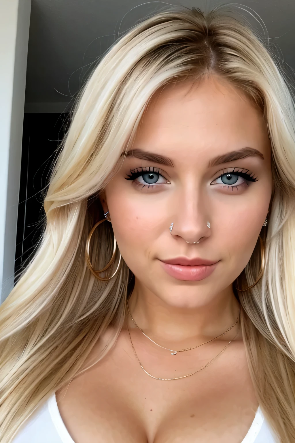 create a beautiful white woman, with straight dirty blonde hair, piercing, double colored eyes, cleavage,