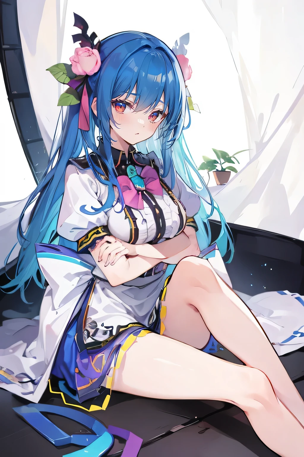 (masterpiece),best quality, expressive eyes, perfect face,sit, sit on ground, Legs on the ground, 1girl,
Big breasts, H cup, Good breasts, crossed arms, fair, Gorgeous,Japanese cartoons,girl,lola,Hina Angel, blue hair, blue haired,tent , tent chest, tent breast, floating clothes