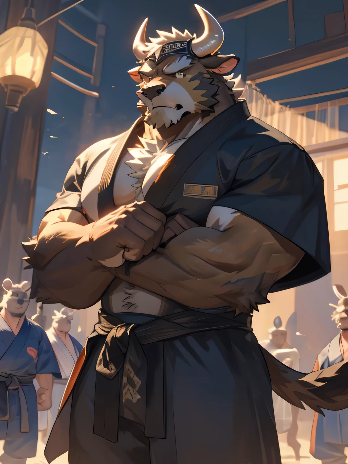 Hd, masterpiece, super detail, 8k, best picture quality, a man, male, cow, ((brown fur)), a pair of horns on the head, middle-aged, stout, tough guy, Grand Master, ((upper body naked)), a red bandage wrapped around the forehead, ((hands clenched fists held in front of the chest)), palms wrapped in white bandages, a ready to fight posture, white pants, martial arts style, The look of perseverance, the background is the Budokan