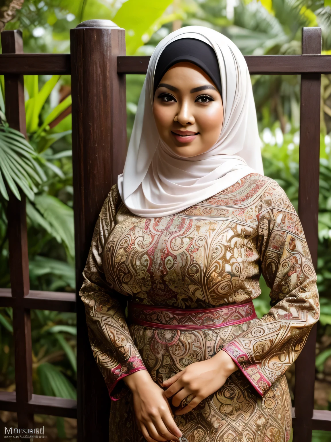 RAW, Best quality, high resolution, masterpiece: 1.3), beautiful chubby Mature 68 years Malay woman in hijab, Masterpiece, chubby body, saggy Big breast, big beautiful eyes, Soft smile, detail face, beautiful face, thick thighs, woman in a brown dress standing next to a white fence, with beautiful exotic, traditional beauty, malay mature women, with lovely look, south east asian with long, hvery beautifull girl, lovely woman, wearing an ornate outfit, batik , Great lighting, Bright colors, Clean lines