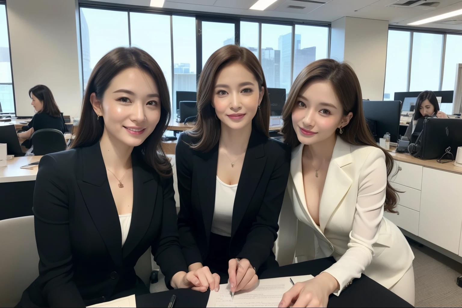 ((highest quality, 8K, Representative works in detail, ultra high resolution)), (Group photo),(looking at the viewer),tight skirt suit,  (full shot:), 1girl、40 generation women, fascinating look, (sitting at the office desk)), smile, CEO's Office,Beautiful eyes with high bilateral symmetry, (highly detailed eyes:1.4), (high resolution black eyes:1.1), intimate face, (Super detailed skin texture:1.4), white skin, white skin, perfect anatomy、Temptation by showing underwear、force a person to sign a contract