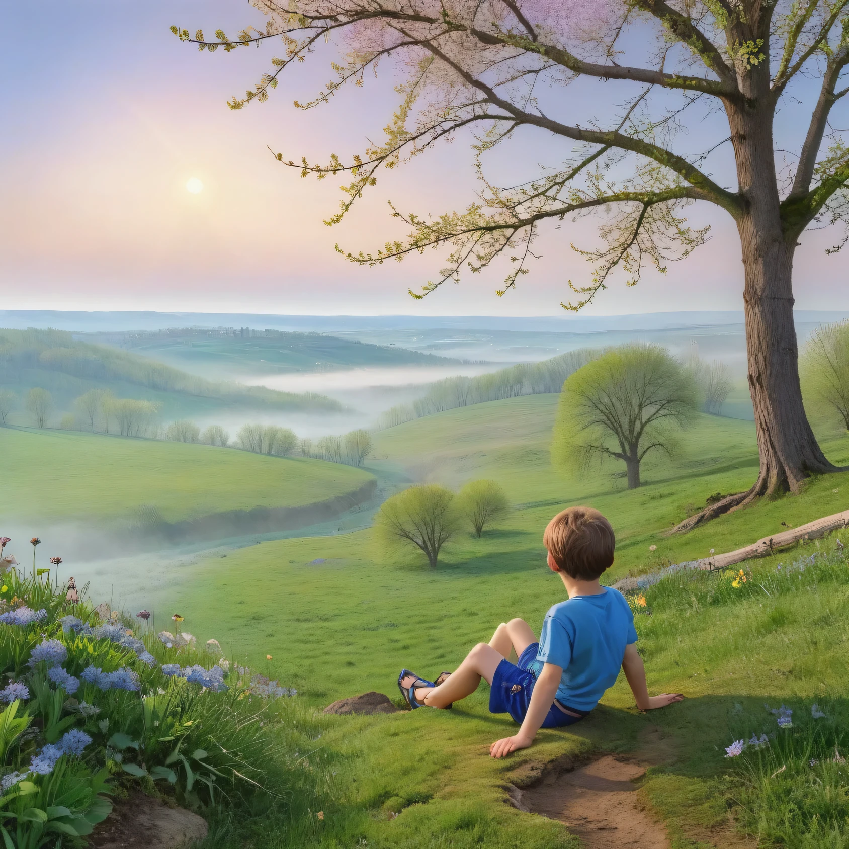 (light morning fog in the distance):1.2335, First-person view, an 8-year-old boy in blue shorts and blue children's sandals sits on a high cliff and looks down, below him stretches a spring meadow with the first spring flowers and young green grass, the first spring insects circle over the flowers, trees and shrubs grow on the edge of the clearing, spring flowers on the trees, green buds are swelling on the shrubs, early vesta, morning, the sun is just beginning to rise on the distant horizon, coloring the sky pinkish, Spring Morning, Beautiful Spring Morning, palette of early spring morning, (masterpiece:1.305), (high resolution:1.305), 32k, (digital art:1.1), smoothing of textures