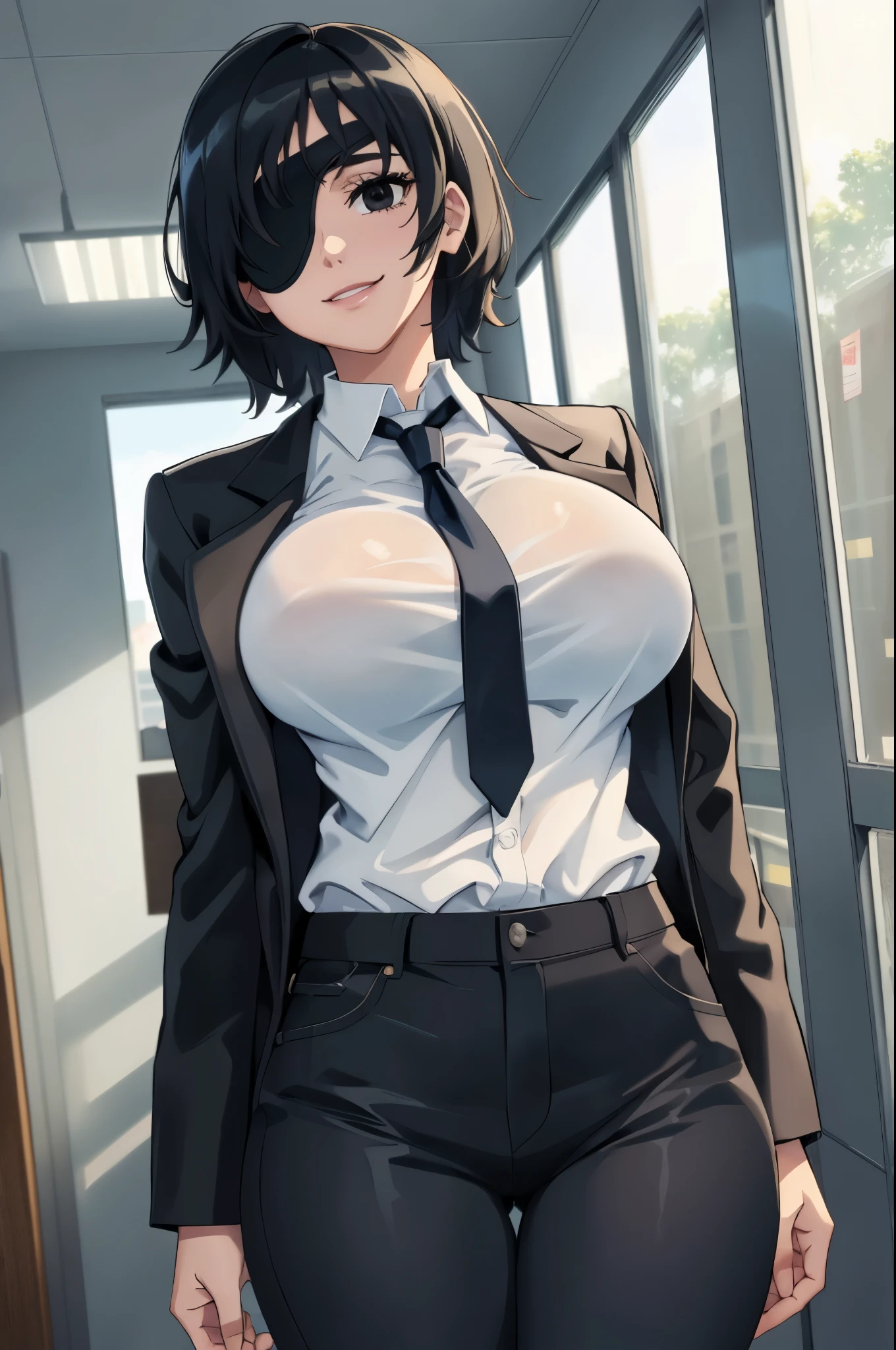 1girl, (solo:1.2), curvy, (masterpiece:1.2), (best quality:1.2), (perfect anatomy:1.4), (large breasts:1.4), (cowboy shot:1.4), cell shading, simple shading, clean lineart, indoors, at office, himeno, short hair, smile, (black eyes:1.2), black hair, eyepatch, messy hair, (black jacket, white shirt, necktie, pants), (hands behind back), (bent towards), (closeup), view from front, panties, bedroom