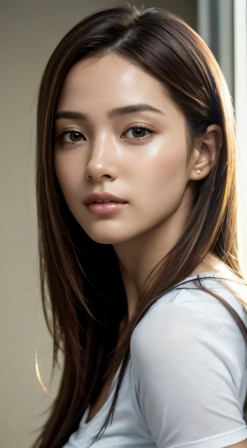 dressed, (photo realistic:1.4), (hyper realistic:1.4), (realistic:1.3), (smoother lighting:1.05), (Improve the quality of cinematic lighting:0.9), 32k, 1 girl,20 year old girl, realistic lighting, Backlight, light shines on your face, ray tracing, (bright light:1.2), (Improvement of quality:1.4), (Highest quality realistic textured skin:1.4), detailed eyes, detailed face, high quality eyes, (Tired, sleepy and satisfied:0.0), close up of face, T-shirt, (Enhance the mood of your body line:1.1), (Enhances the beauty of skin texture:1.1)