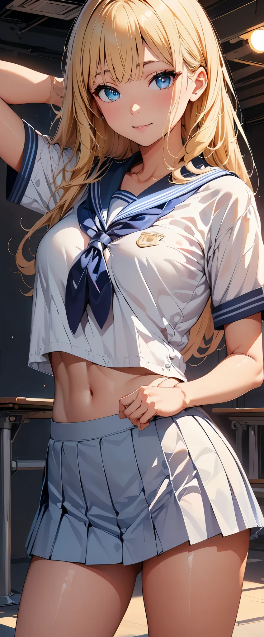 concept:美しいwomanの肖像画。 quality:(最高quality, 4k, High resolution, masterpiece:1.2), Super detailed, (anime style, photorealistic:1.37), lighting effects:strong contrast, Bright colors and mesmerizing effects, Soft and delicate lighting, gentle shine, Subject information:alone, ((woman)), (round eyes), (small face), (high detail skin:1.2), long eyelashes, glossy lips, (blonde, long straight hair, blue eyes), (slim body shape), Highly detailed face and skin texture, (Joyful), (sailor suit), droopy eyes, Staring eyes, seductive thighs, diagonally, looking at the camera, Arms behind the head, Other details:cowboy shot, school classroom:1.5, beautiful skin, shiny skin, perfect fingers, five fingers, anatomically correct, background bokeh, 50㎜, f/1.2, photo shoot,