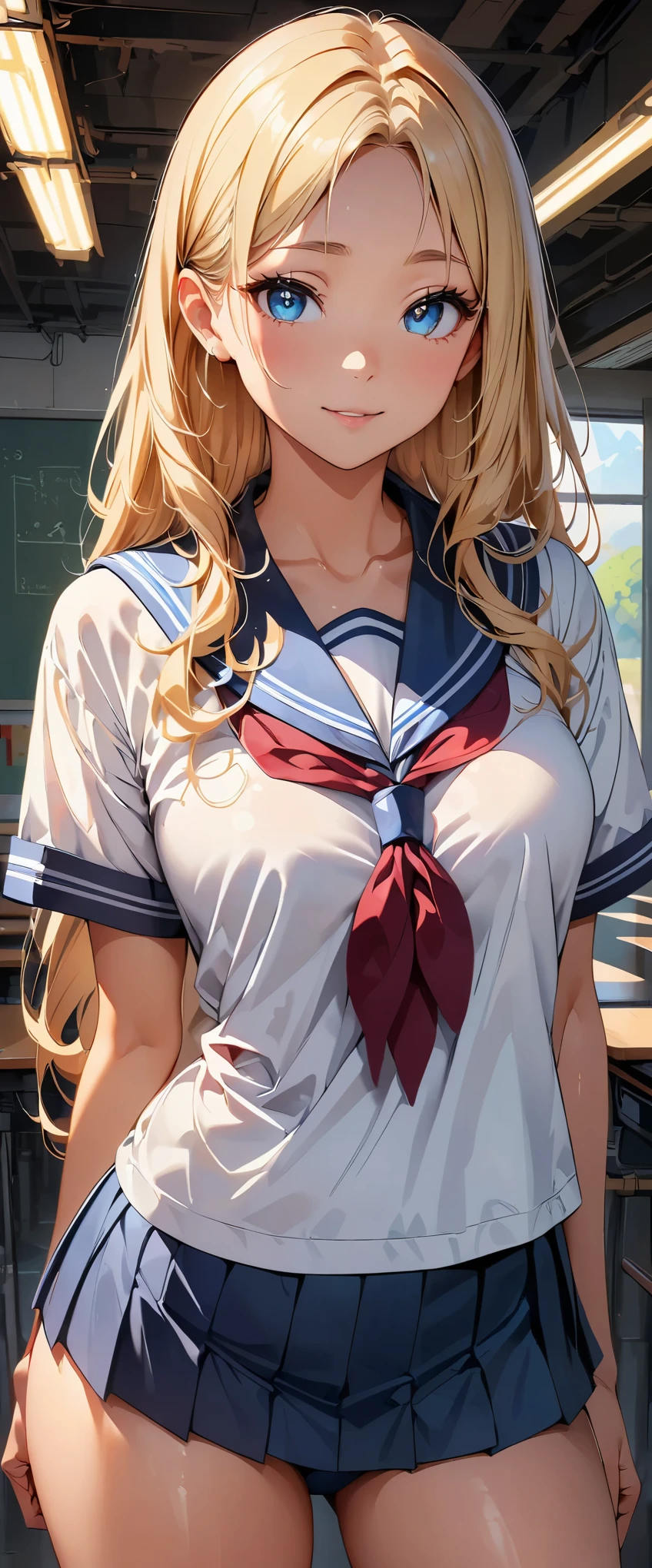 concept:美しいwomanの肖像画。 quality:(最高quality, 4k, High resolution, masterpiece:1.2), Super detailed, (anime style, photorealistic:1.37), lighting effects:strong contrast, Bright colors and mesmerizing effects, Soft and delicate lighting, gentle shine, Subject information:alone, ((woman)), (round eyes), (small face), (high detail skin:1.2), long eyelashes, glossy lips, (blonde, long straight hair, blue eyes), (slim body shape), Highly detailed face and skin texture, (Joyful), (sailor suit), droopy eyes, Staring eyes, seductive thighs, diagonally, looking at the camera, Arms behind the head, Other details:cowboy shot, school classroom:1.5, beautiful skin, shiny skin, perfect fingers, five fingers, anatomically correct, background bokeh, 50㎜, f/1.2, photo shoot,