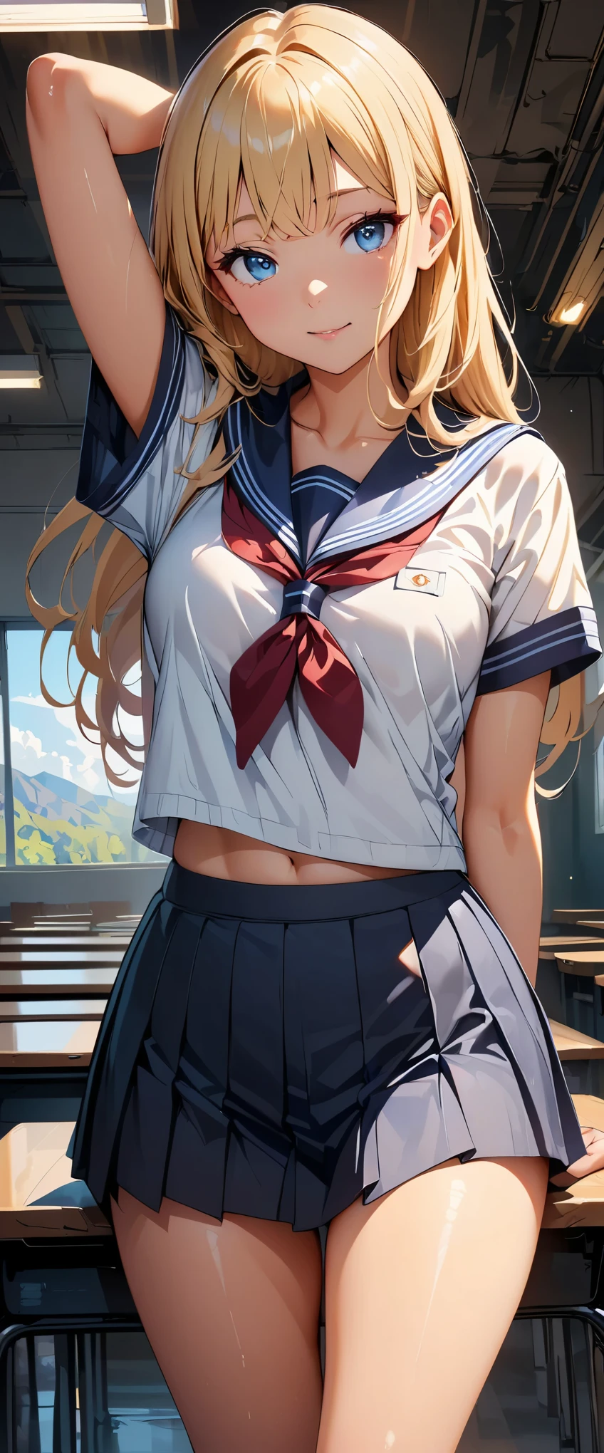 (highest quality, 4k, High resolution, masterpiece:1.2), Super detailed, one person, woman, (JK, , sailor suit, pleated skirt, striped pants), water reflection, grace, graceな動き, Sunset colors, fantastic atmosphere, blown by the wind,  hips, beautiful detailed eyes, beautiful detailed lips, long eyelashes, Bright colors, soft and warm color palette, fantastic lighting, blurred background, graceな動き,