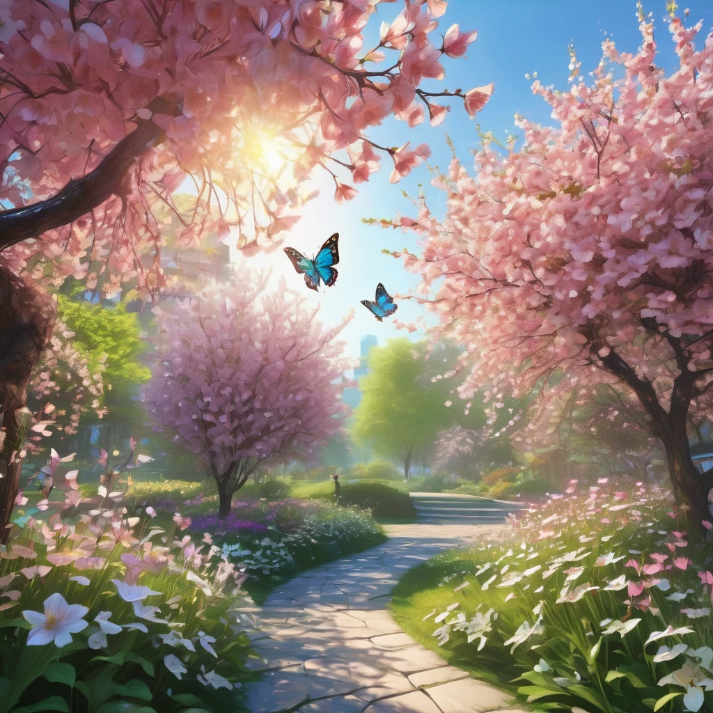 Spring Morning, aesthetic, (best quality,4k,8k,highres,masterpiece:1.2),ultra-detailed,(realistic,photorealistic,photo-realistic:1.37),blooming flowers,blossoming cherry trees,sunlight streaming through the branches,morning dew on the grass,pink and white petals dancing in the air,soft breeze rustling the leaves,newly sprouted green leaves,golden rays of sunshine,lively birds chirping and flying,glistening water droplets on delicate petals,serene atmosphere,fresh and vibrant colors,peaceful and calm setting,tranquil garden,clear blue sky,subtle shadows and reflections,nature awakening with life,tender Spring beauty,whispering whispers of nature,serene and serene scene,sunlit garden filled with delicate fragrance,colorful butterflies flitting about,elegant and dainty butterflies gracefully dancing,delights of Spring,refreshing and joyful ambiance,vivid blooms in every corner,iridescent hummingbirds swiftly hovering,playful bumblebees buzzing amongst the flowers,soft and gentle morning light caressing the garden's beauty,morning mist gradually dissipating,enticing scents of blooming flowers filling the air,bright and cheerful mood,ever-changing Spring colors painting the world,delicate flower petals swaying,creating an enchanting dance,overwhelming sense of rejuvenation and new beginnings.