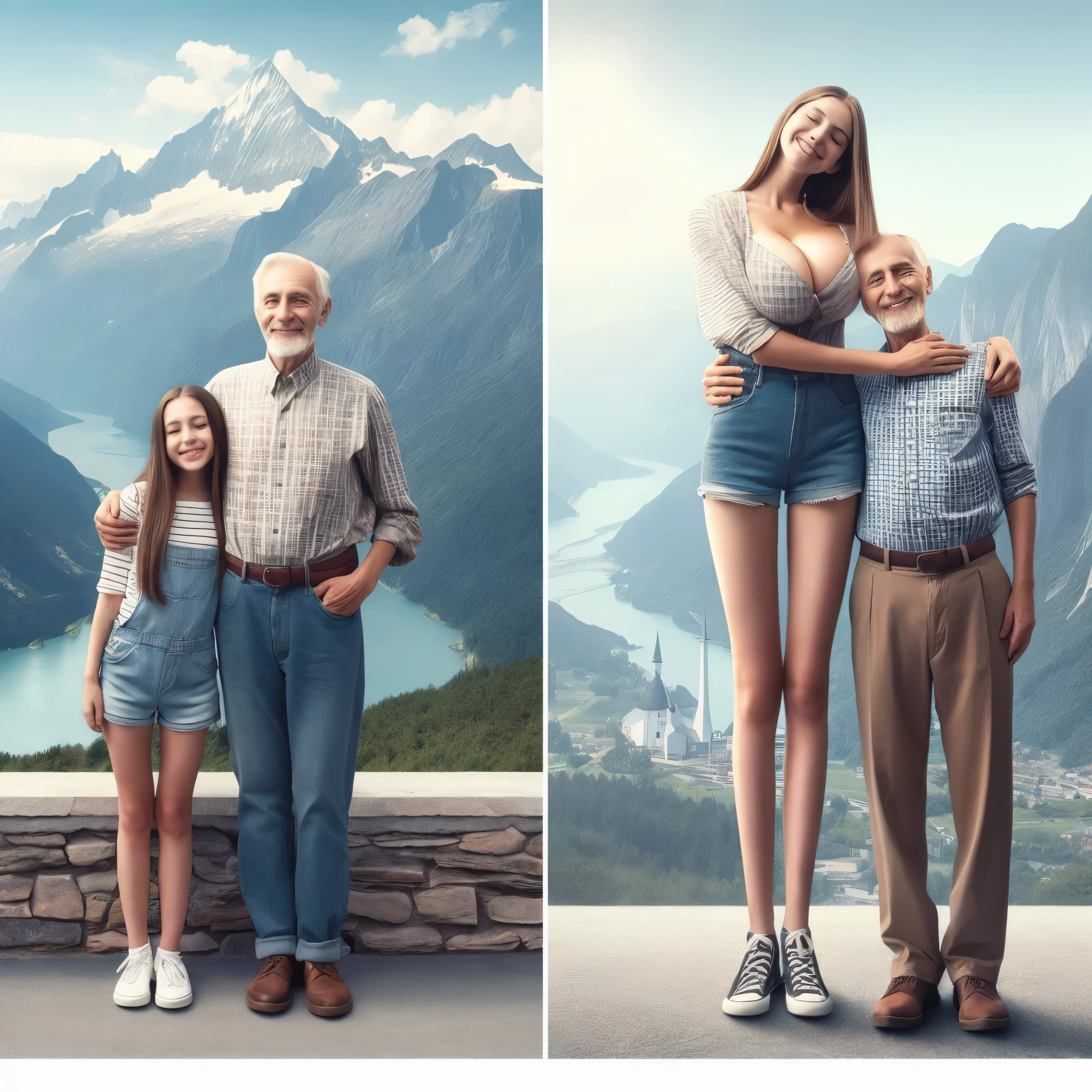thin striped shirt, (big giant enormous oversized massive huge colossal breasts:1.5), (gigantic sagging breasts:1.5), symmetric breasts, man staring, (very long hair)
