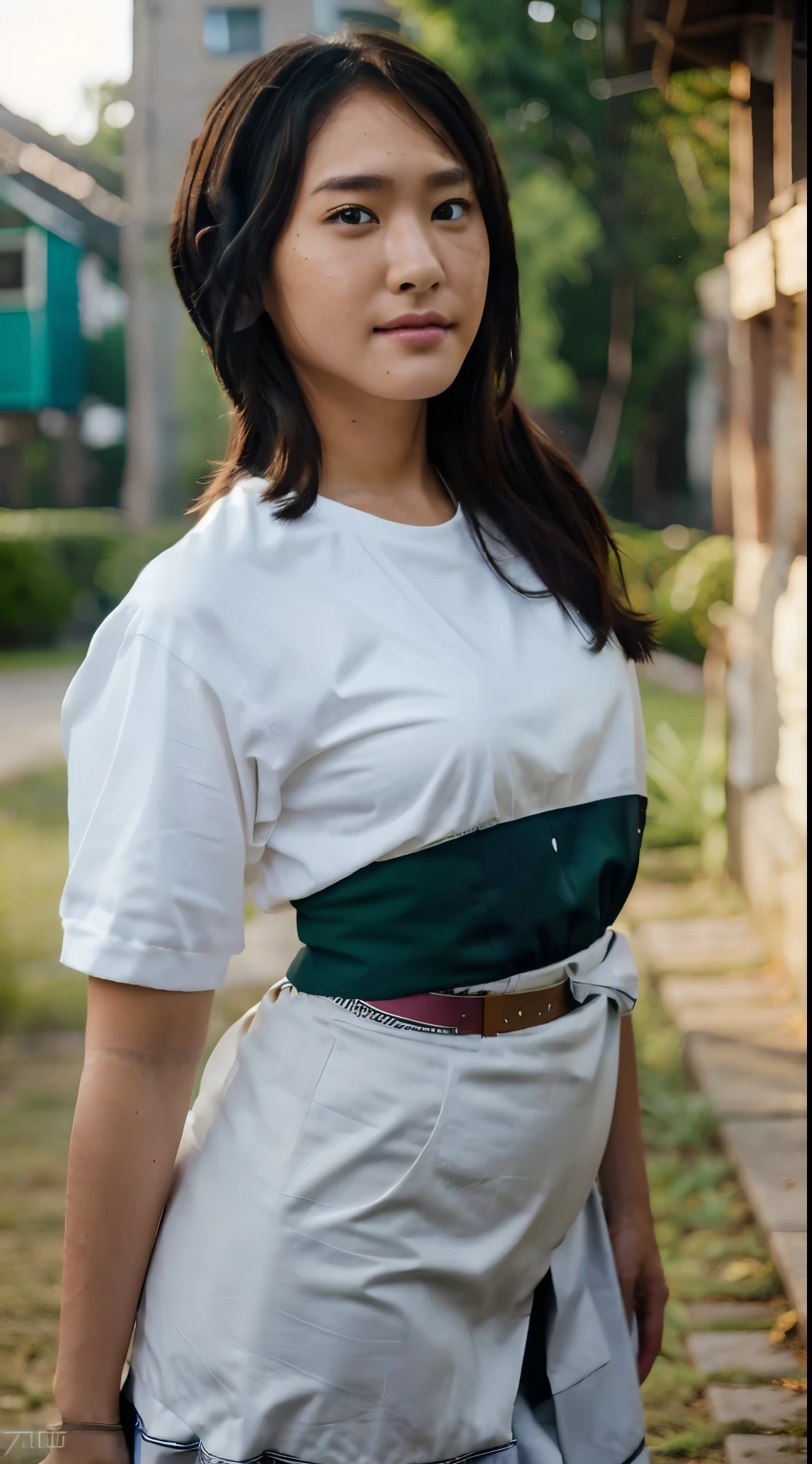 Photorealistic of a beautiful Myanmar student girl, black hair,Smooth skin, natural make up ,Thick hips ,White school girl shirt and green color tie, standing outside,curvy body, (highly detailed clothes:1) (highly detailed face:1) (freckles:0. 5) ,8k ultra HD,highres,8k wallpaper,--ar 69:128 --stylize 750 --v 6,