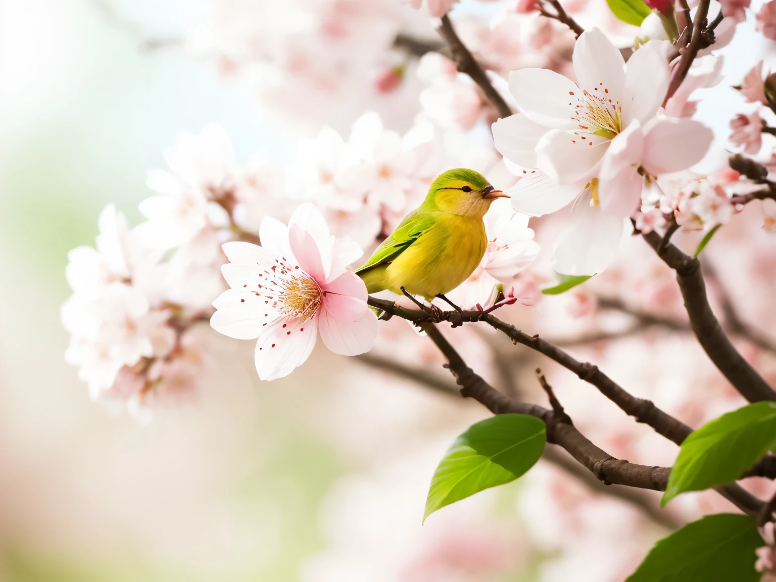 Spring Morning, cherry blossom, day, blurry, no humans, pink flower, branch, green bird, light color tone, soft focus, depth of field, 