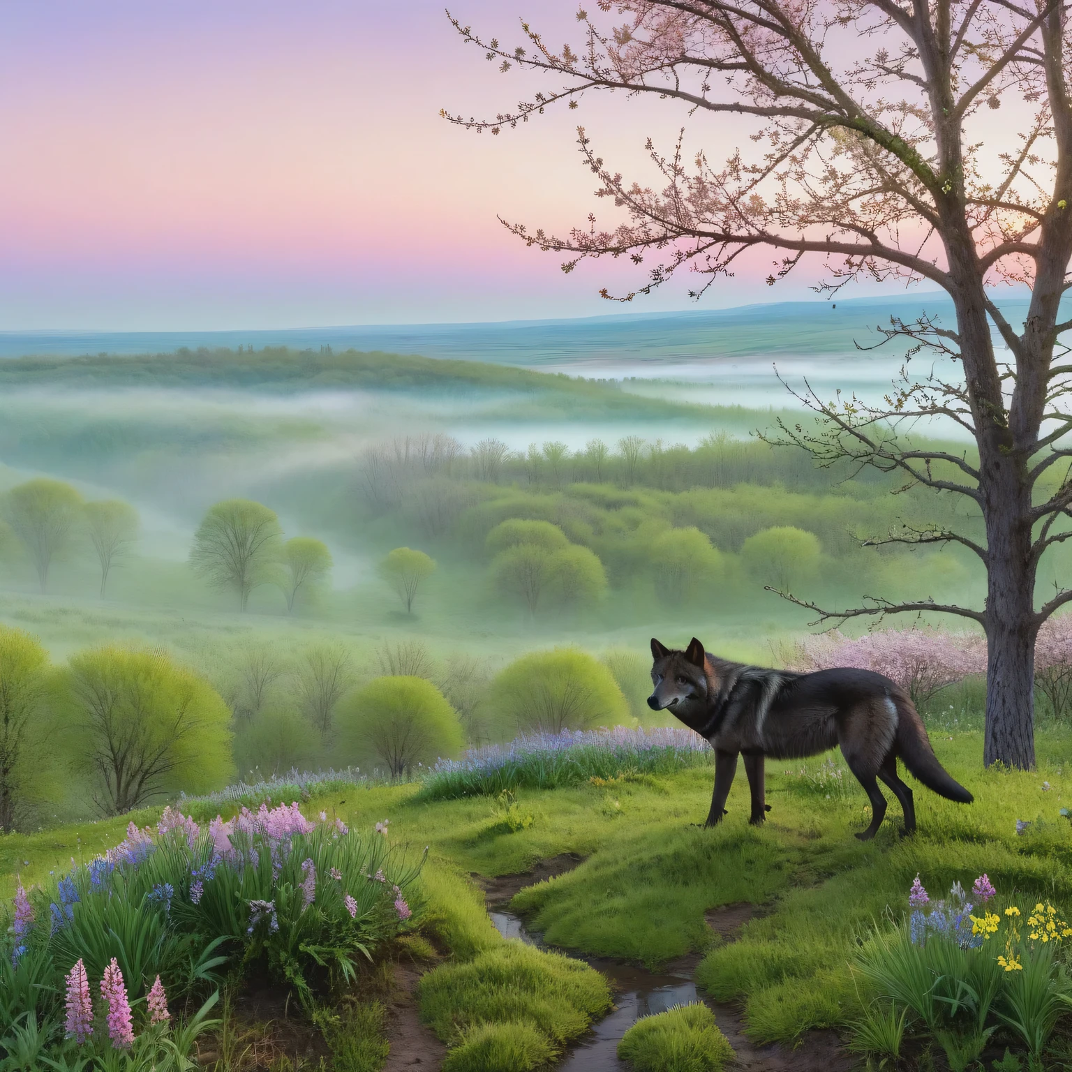 (light morning fog in the distance):1.2335, (POV:1.4), First-person view from a high cliff, a large black and gray wolf looks down, a spring meadow with the first spring flowers and young green grass stretches in front of him, the first spring insects circle over the flowers, trees and shrubs grow on the edge of the clearing, spring flowers on the trees, green buds swell in the bushes, early vesta, morning, the sun is just beginning to rise on the distant horizon, coloring the sky pinkish, Spring Morning, Beautiful Spring Morning, palette of early spring morning, (masterpiece:1.305), (high resolution:1.305), 32k, (digital art:1.1), texture smoothing