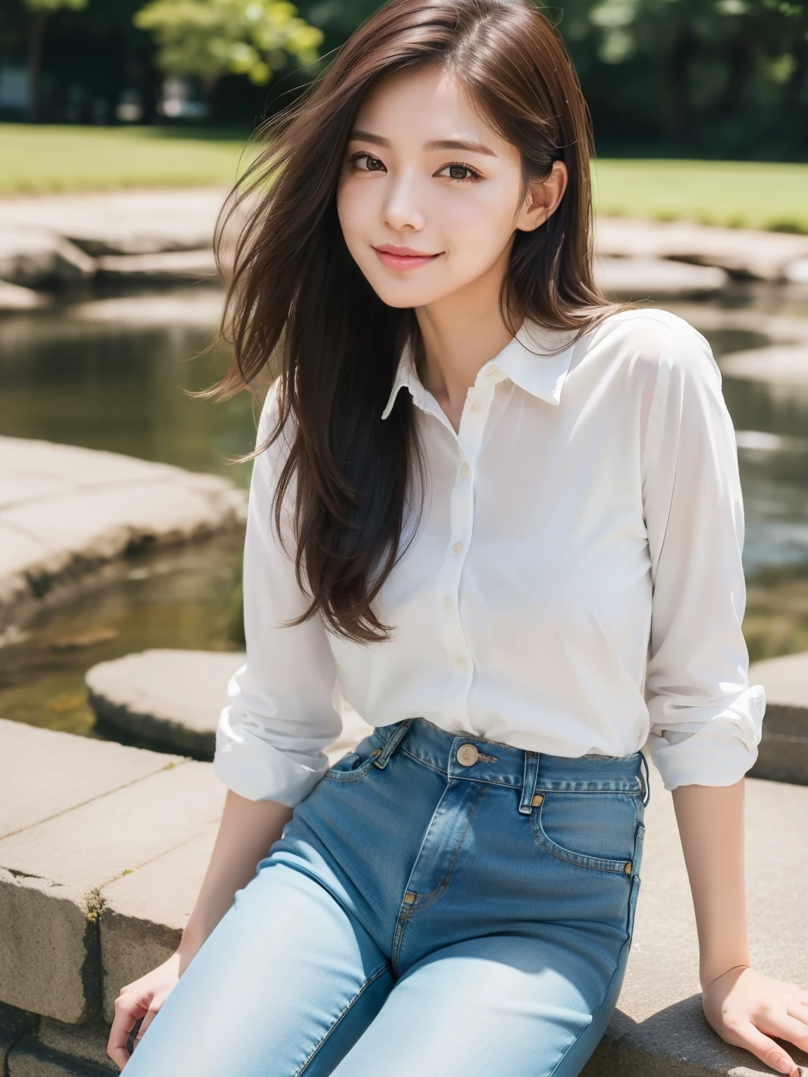 (8k raw photo, best quality), ((muste piece)), ultra high resolution,, film,( 20-year-old, slender face, 1 girl, long eyelashes, eye highlights), natural skin texture, perfectly proportioned face, (slutty makeup),((white shirt、denim pants、spring landscape、model pose)),  (Small breasts), permed hair, fluffy short hair, messy hair,（shy smile、embarrassed look）, close your mouth, beautiful legs, make your legs thinner, solo, (detailed background),  blurred background, brown hair, Depth of the bounds written
