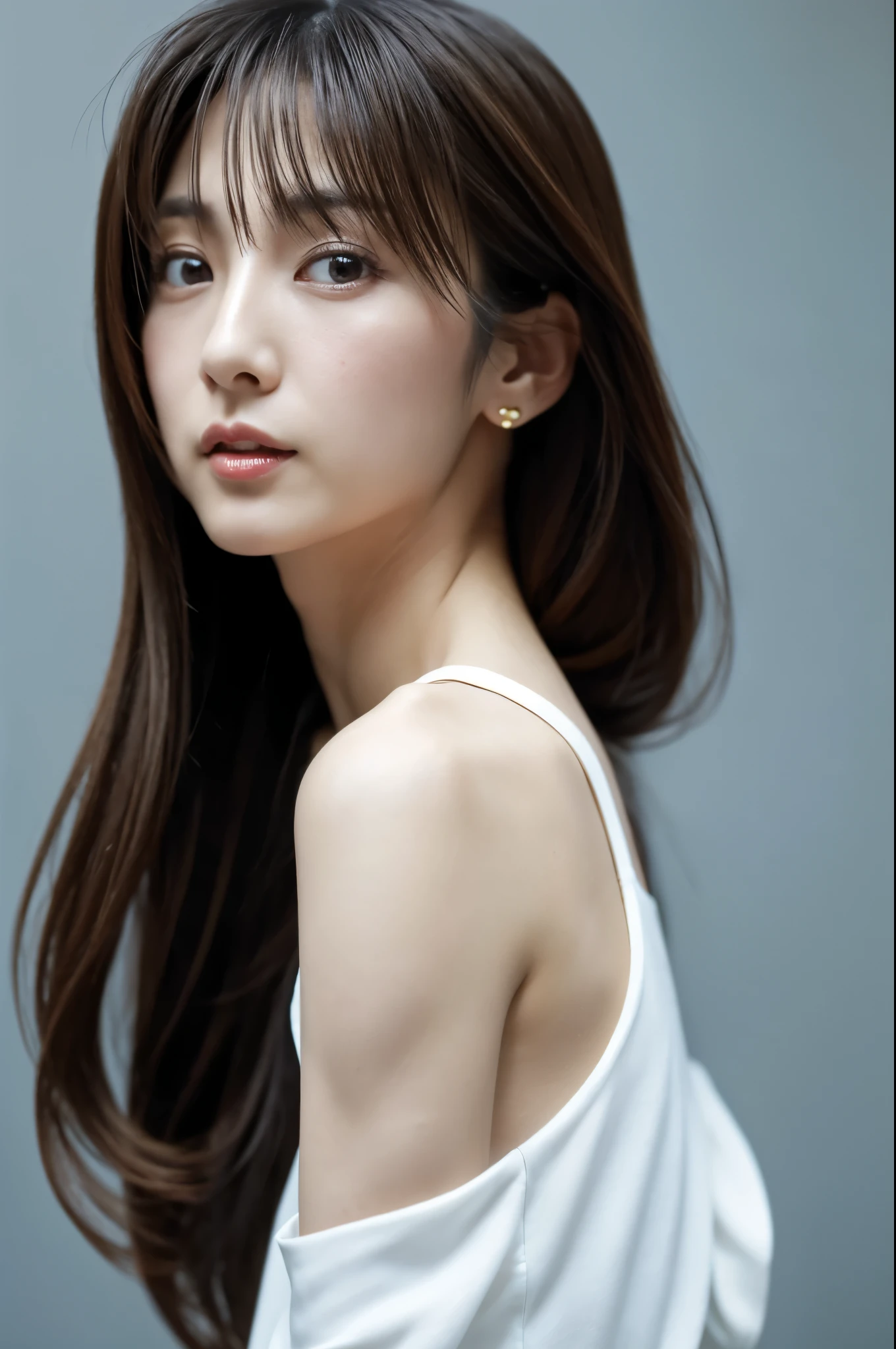 (((Ultra-high resolution、close、Cute Japanese Woman)))、length, Straight black hair frames her face、So that every single hair is clearly visible、Depicts subtle color changes depending on the amount of light hitting the subject、The skin is white and smooth、Has a natural glow、Fine skin、毛穴のExpressing every detail、amountや頬に薄い赤みがある部分を詳細に、The eyes are almond-shaped、It is dark brown.、Iris detail、Expressing color gradations and patterns、length, Natural Eyelashes, Each is visible、well-groomed eyebrows、personal々The hair is clearly visible、Light reflects off the eyes、Create small highlights、noseは繊細で、nose孔の細かいディテールがある、Lips are plump and naturally pink、Draws fine lines and soft curves of the lips、Shiny、Accentuate the shape、Detailed depiction of lip texture、Special attention is paid to the depiction of light and shadow.、Soft natural light gently illuminates your face from the front、amount、nose、Gives cheeks a subtle glow、The shadows are softly cast along the contours of the face.、cheekbone、Jaw Curve、noseの側面を強調、The gloss on her lips reflects the light faintly..、Emphasizes plump texture、The shadows in the hair add depth and dimension.、personal々Hair sparkles in the light、The background is simple and blurry.、Focus on the face、With the highest quality、Expressing every detail