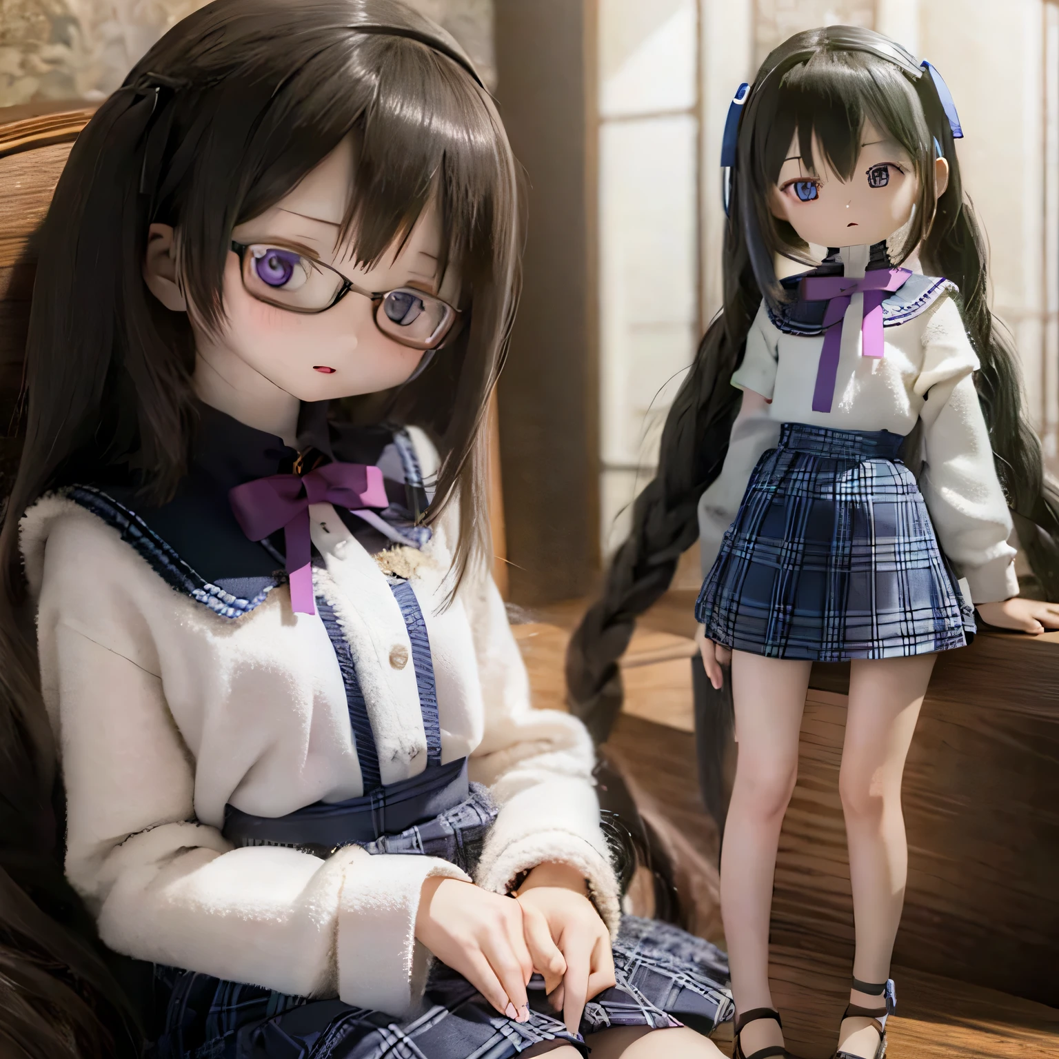 (best quality,photorealistic:1.37),vivid colors,ultra-detailed,physically-based rendering,"tabletop","expressive eyes","perfect face","closed lips","small chest","barefoot","Akemi Homura standing","black hair","sitting on a chair","black-framed glasses","underwear"