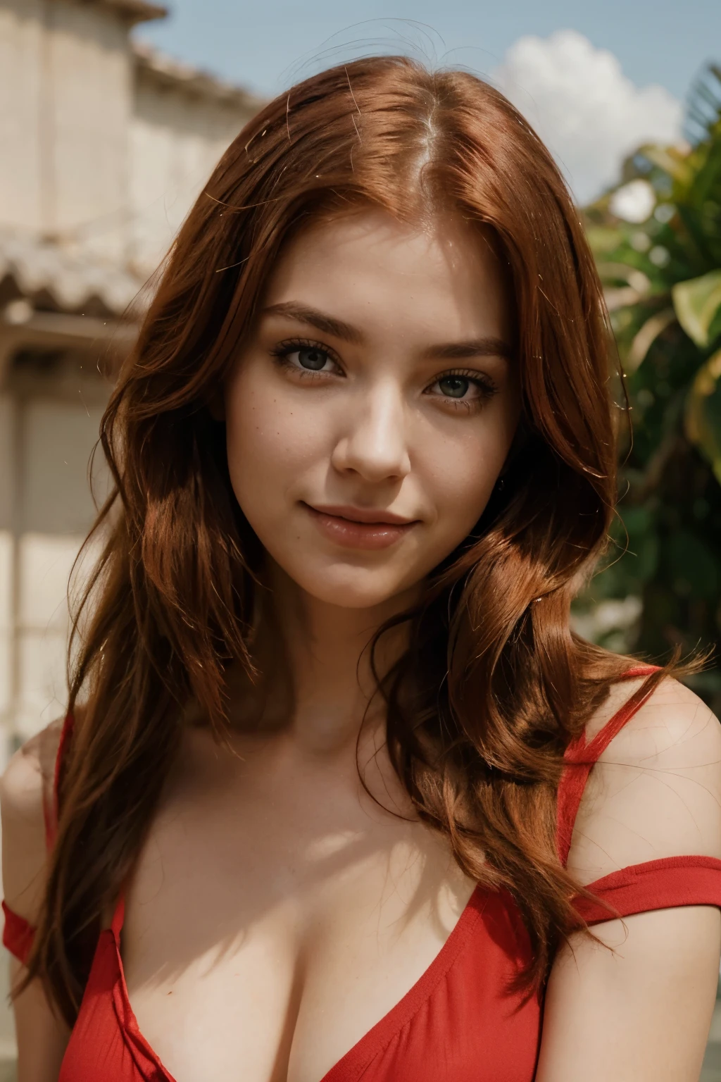 glamorous photo of a woman with F-size breasts looking directly at the camera. she has light red straight hair of medium length. her look is bold and she has a slight smile on her face. she is wearing a sky-colored shirt.