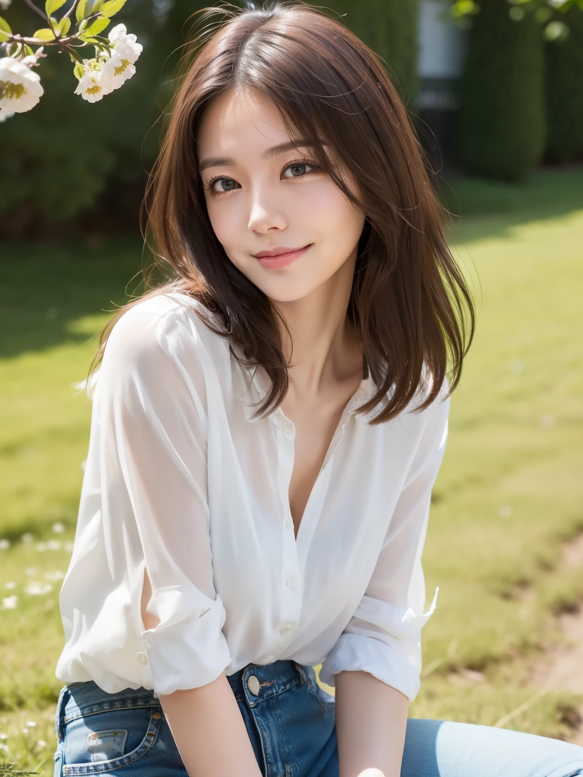 (8k raw photo, best quality), ((muste piece)), ultra high resolution,, film,( 20-year-old, slender face, 1 girl, long eyelashes, eye highlights), natural skin texture, perfectly proportioned face,((white shirt、denim pants、spring landscape、model pose)), (Small breasts), permed hair, fluffy short hair, messy hair,(shy smile、embarrassed look), close your mouth, beautiful legs, make your legs thinner, solo, (detailed background), blurred background, brown hair, Depth of the bounds written