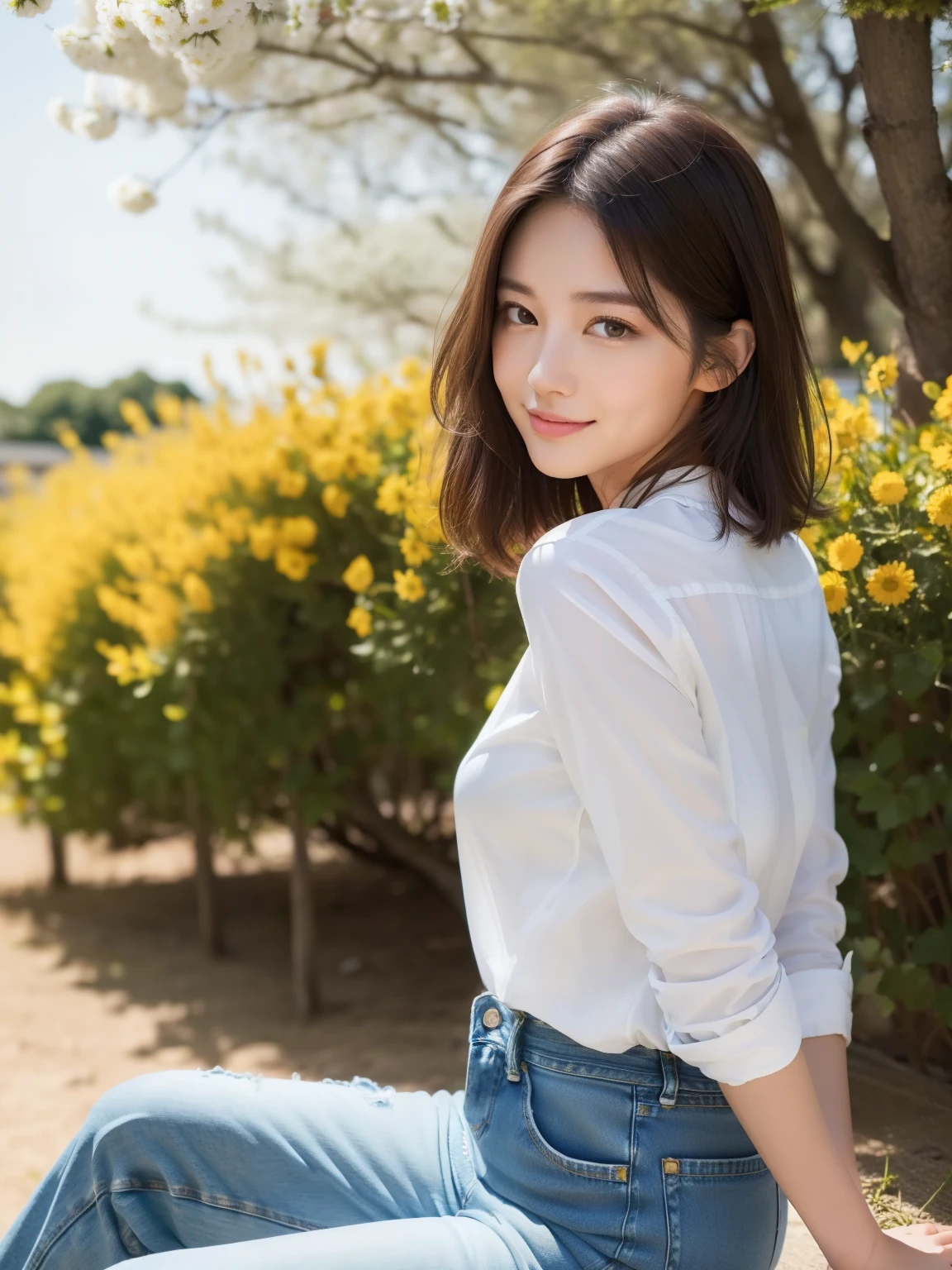 (8k raw photo, best quality), ((muste piece)), ultra high resolution,, film,( 20-year-old, slender face, 1 girl, long eyelashes, eye highlights), natural skin texture, perfectly proportioned face,((white shirt、denim pants、spring landscape、date、model pose)), (Small breasts), permed hair, fluffy short hair, messy hair,(shy smile、embarrassed look), close your mouth, beautiful legs, make your legs thinner, solo, (detailed background), blurred background, brown hair, Depth of the bounds written