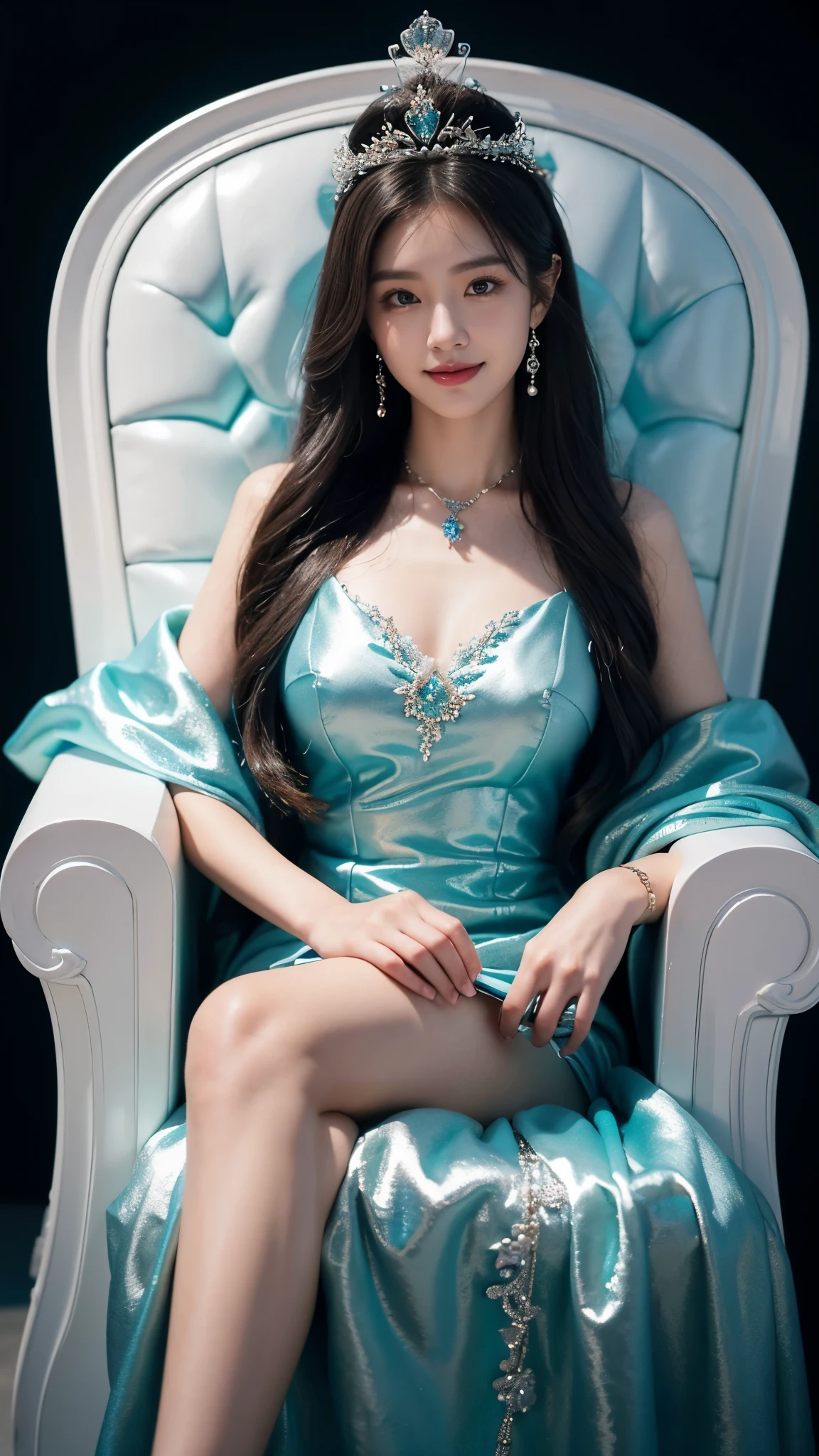 There was a woman in a Cyan dress,Wearing a necklace,((a beautiful fantasy empress).inspired by Sim Sa-jeong,Azure.detailed hairs,winter princess,LCE Princess,Guvez-Steville artwork,8K)),fantasy aesthetic!.Guviz,Ice Queen,8k high-quality detailed art, Throne, princess crown , beautiful smile, (smile: 1.2),