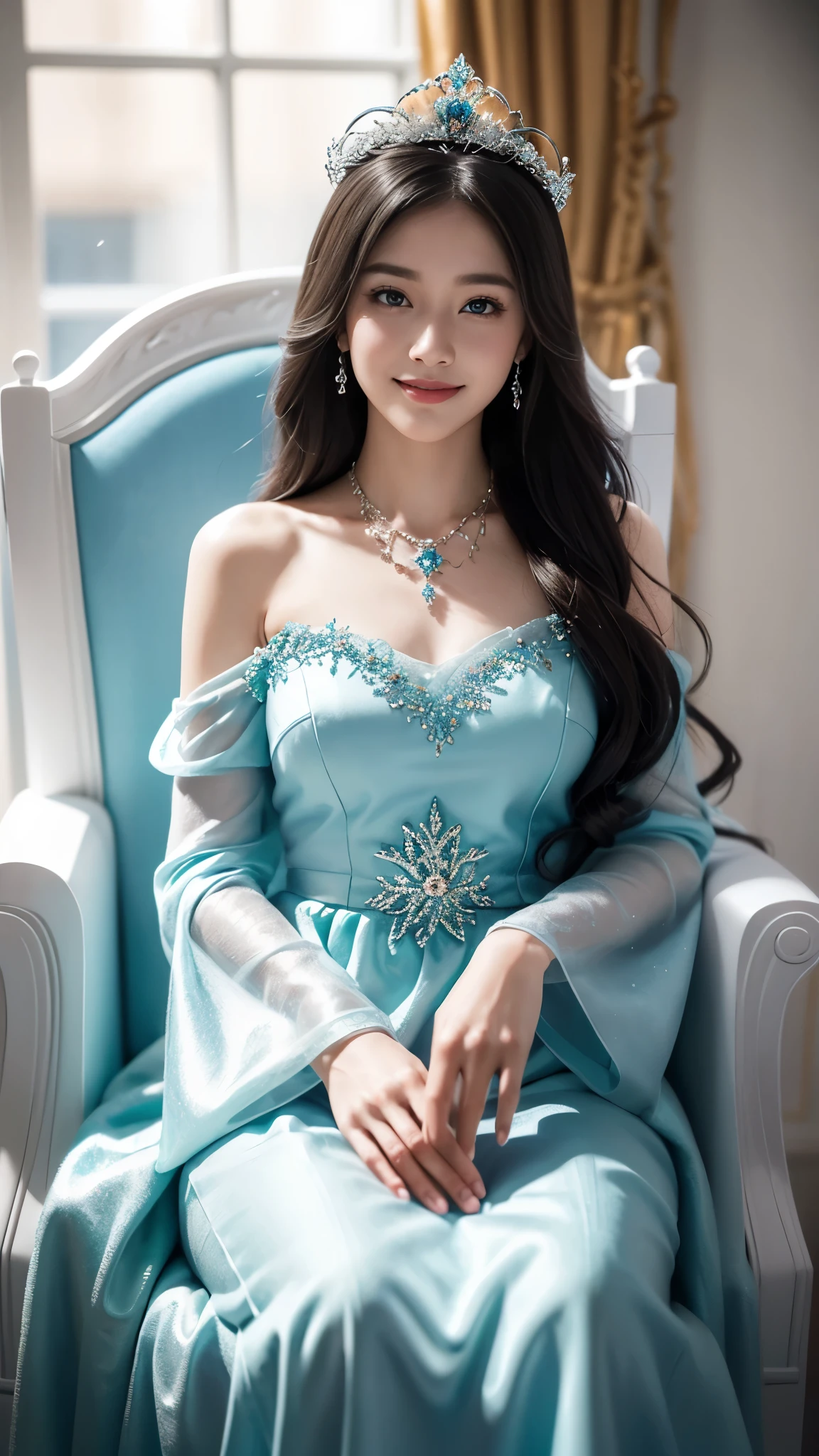 There was a woman in a Cyan dress,Wearing a necklace,((a beautiful fantasy empress).inspired by Sim Sa-jeong,Azure.detailed hairs,winter princess,LCE Princess,Guvez-Steville artwork,8K)),fantasy aesthetic!.Guviz,Ice Queen,8k high-quality detailed art, Throne, princess crown , beautiful smile, (smile: 1.2),