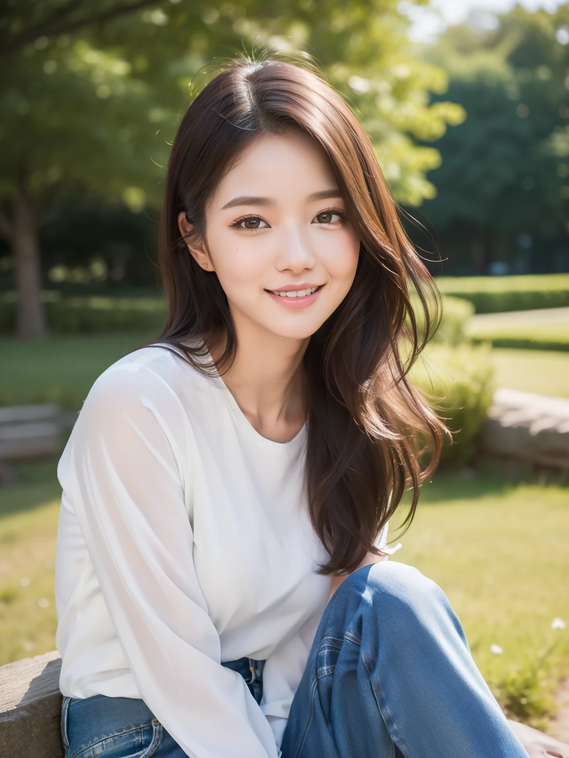 (8k raw photo, best quality), ((muste piece)), ultra high resolution,, film,( 20-year-old, slender face, 1 girl, long eyelashes, eye highlights), natural skin texture, perfectly proportioned face,((white shirt、denim pants、spring landscape、date、model pose)), (Small breasts), permed hair, fluffy short hair, messy hair,(shy smile、embarrassed look), close your mouth, beautiful legs, make your legs thinner, solo, (detailed background), blurred background, brown hair, Depth of the bounds written
