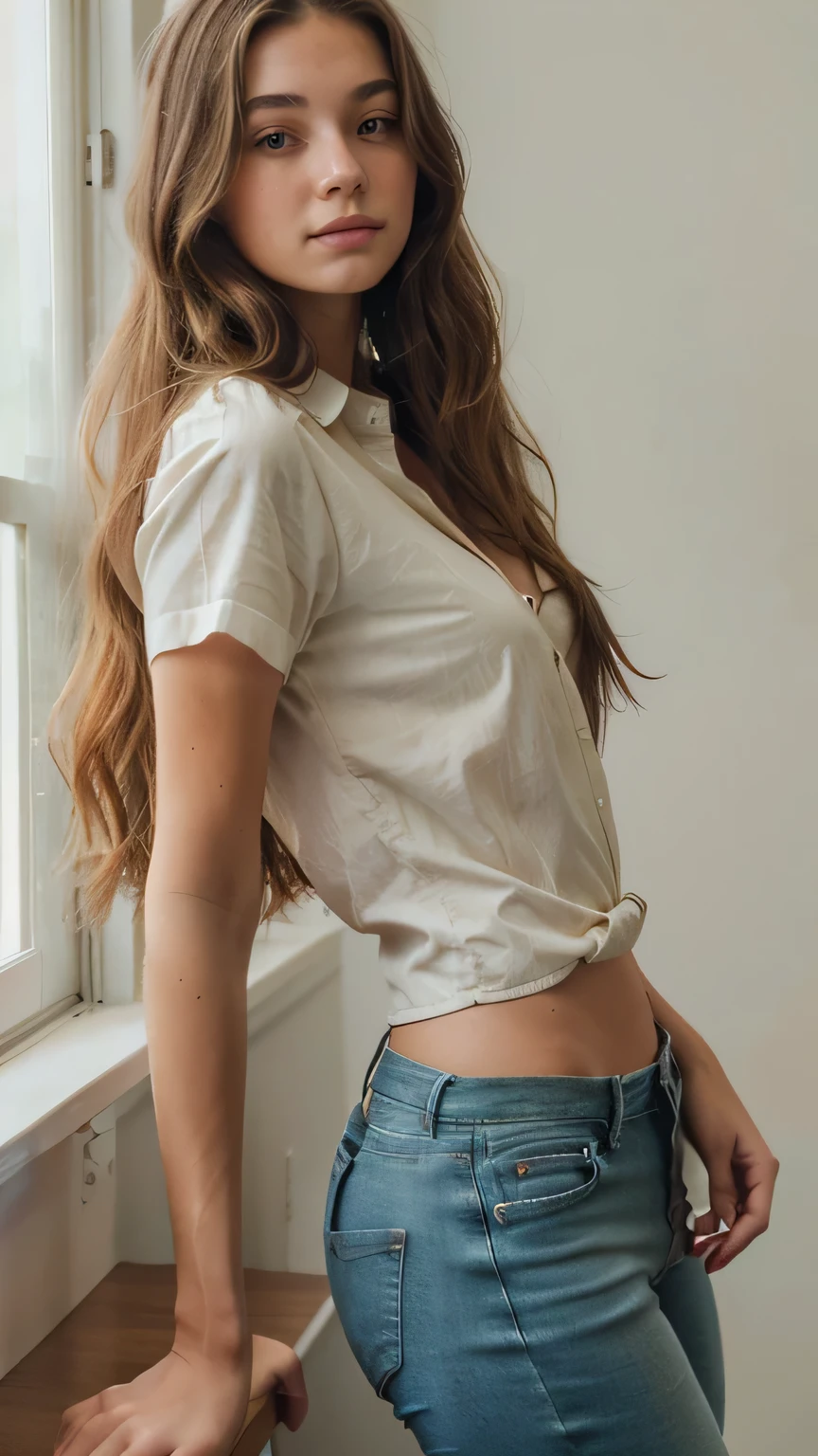 young pretty girl, 18, skinny, hourglass shape, long wavy brown hair, light freckles, green eyes, medium size breasts. Un buttoned shirt skinny jeans, body turned to side
