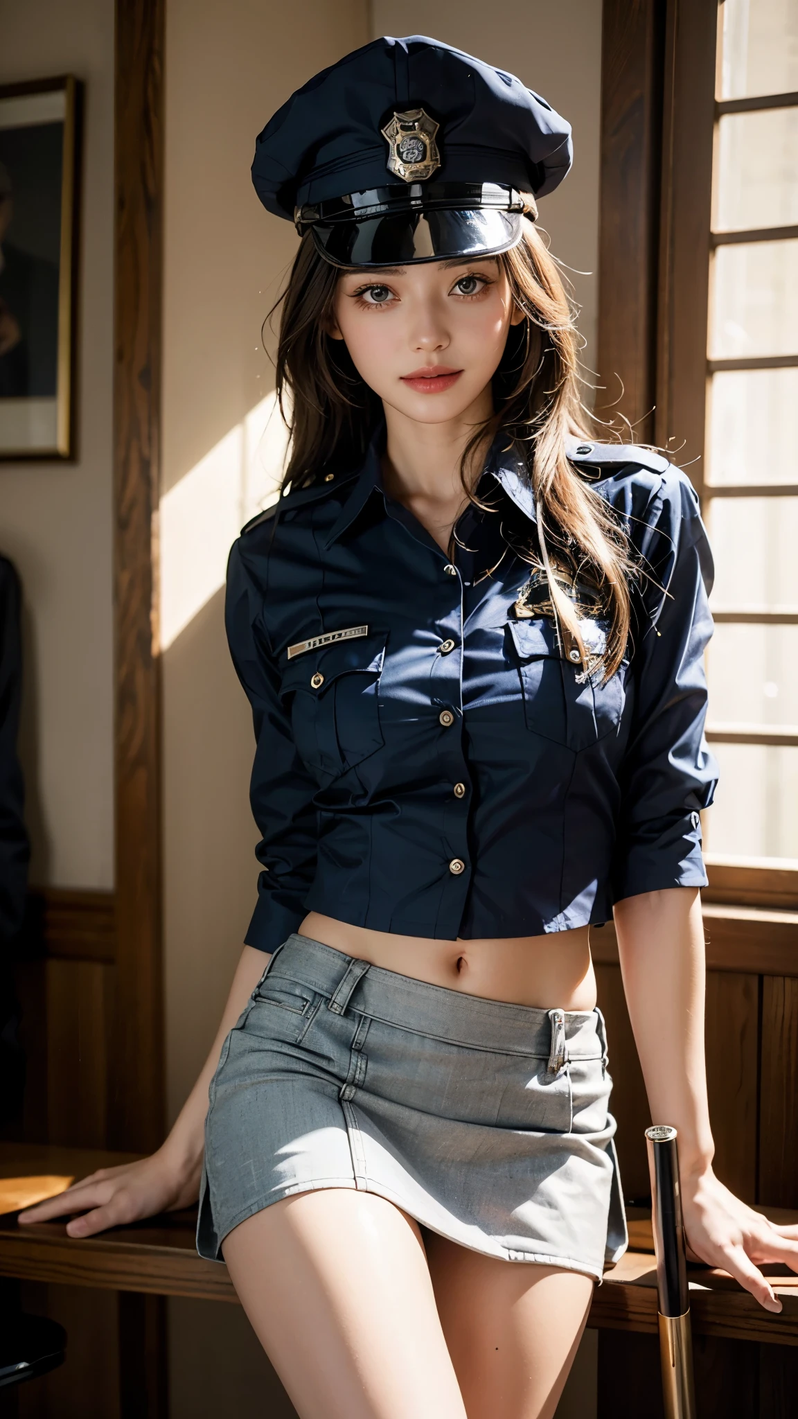 highest quality, table top, ultra high resolution, (realistic:1.4), Raw photo, 1 girl, (((Police uniform miniskirt and baton))),hat,Pistol holder on inner thigh,Uniform with wide open chest, sparkling eyes,long pony hair, indoor, Summer day,fine eyes,(realistic eyes),delicate face,real skin,thin hair,fine skin,beautiful face,smile、middle chest,