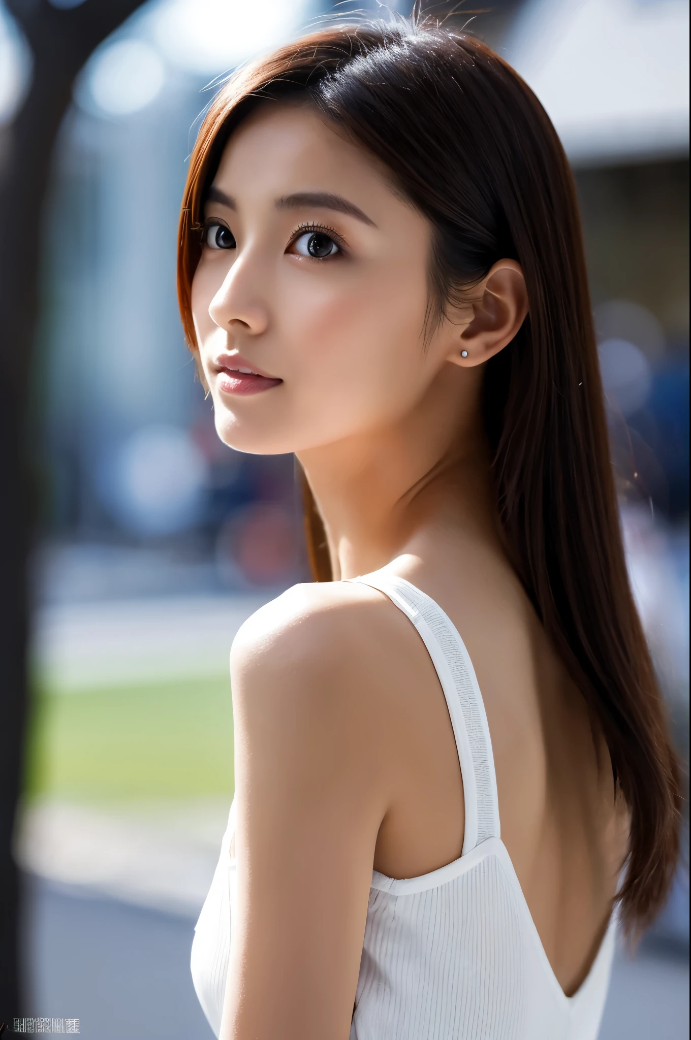 Skinny Japanese adult female, Rear view, detailed face, detailed eyes, bare shoulders, very thin waist, blurred background, masterpiece, high resolution, 8K, Highest image quality, Cinematic, (Full-body photo)