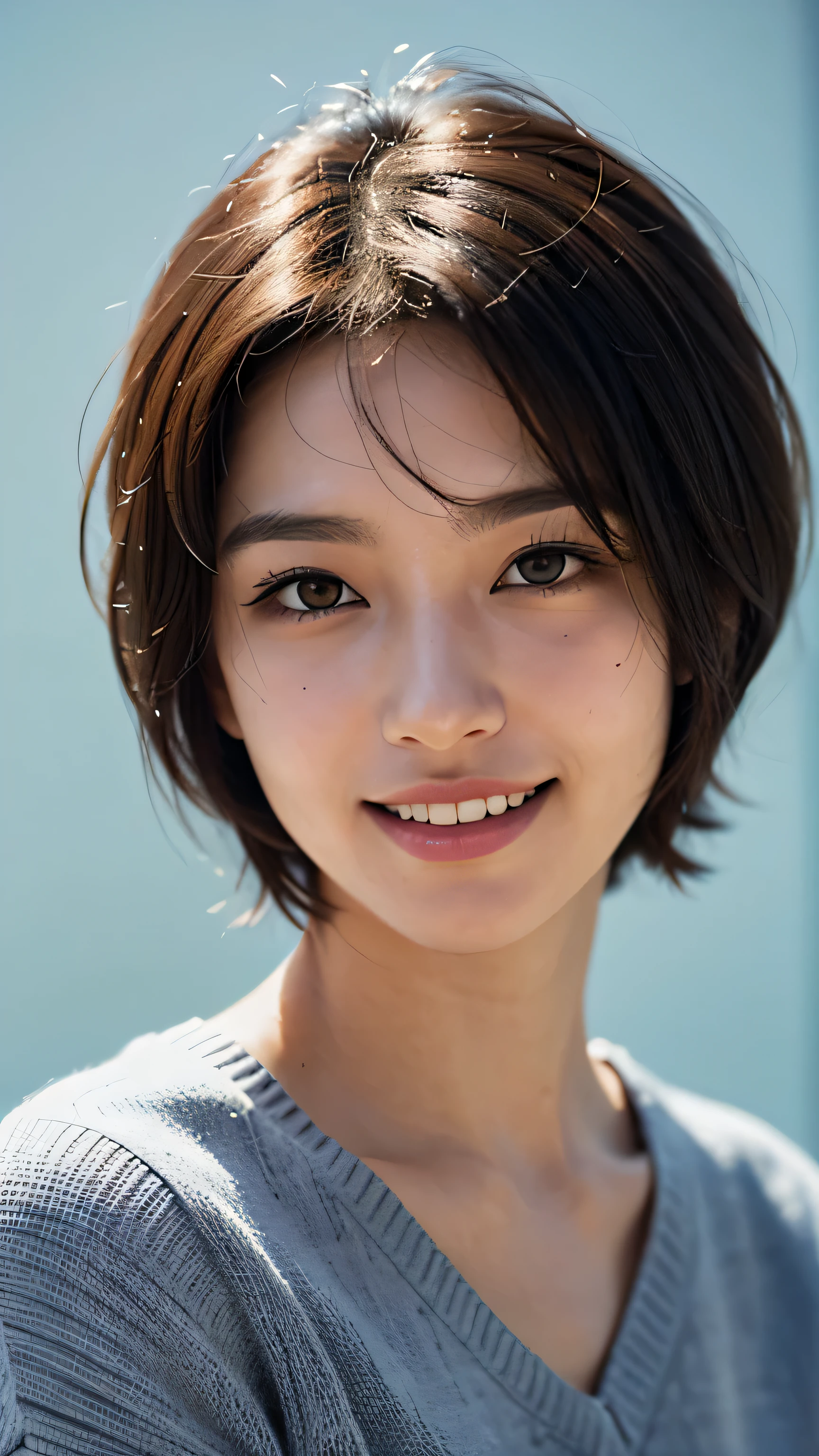 dressed, (photo realistic:1.4), (hyper realistic:1.4), (realistic:1.3), (smoother lighting:1.05), (Improve the quality of movie lighting:0.9), 32k, 1 girl,20 year old girl, realistic lighting, background gray wall, light shines on your face, ray tracing, (bright light:1.2), (Improvement of quality:1.4), (Highest quality realistic textured skin:1.4), fine eyes, detailed face, high quality eyes, (tired, sleepy and satisfied:0.0), close up of face,smile,teeth visible, short bob hair,brown hair,A shirt underneath the light blue sweater