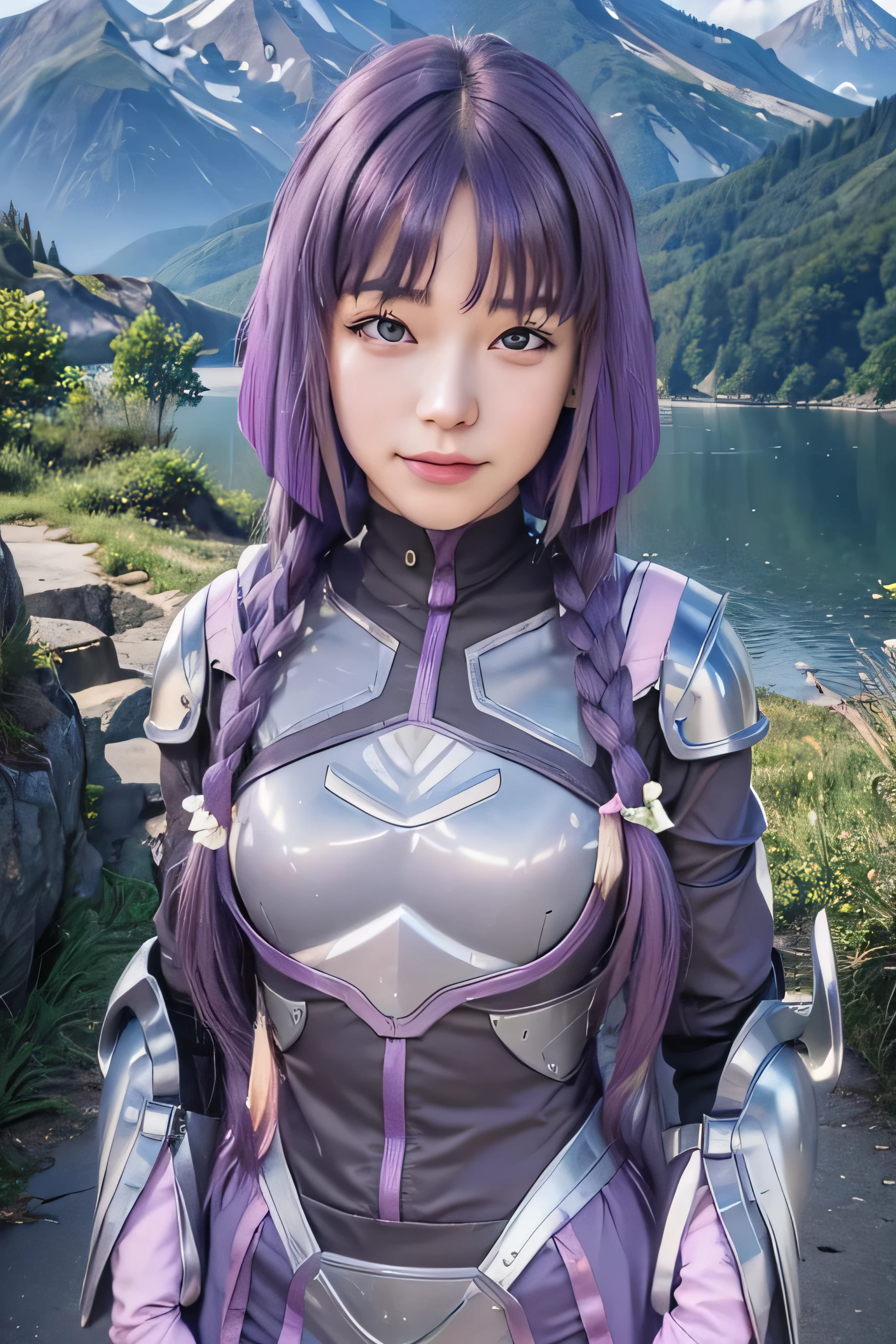 masterpiece, best quality, (realistic,photo-realistic:1.4), (RAW photo:1.2), extremely detailed CG unity 8k wallpaper, delicate and beautiful, amazing,finely detail, official art, absurdres, incredibly absurdres, huge filesize, ultra-detailed,extremely detailed eyes and face,light on face,sumire kakei,(little smile),(purple hair:1.4),(long hair:1.6),(wearing cyber armor:1.4),lake,street,mountain